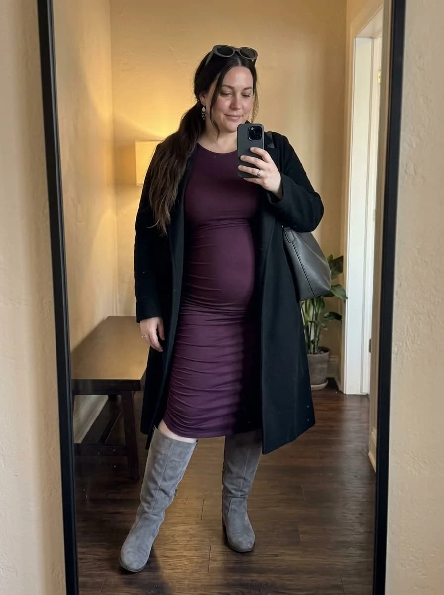 Burgundy Ruched Midi Dress with a Black Coat
