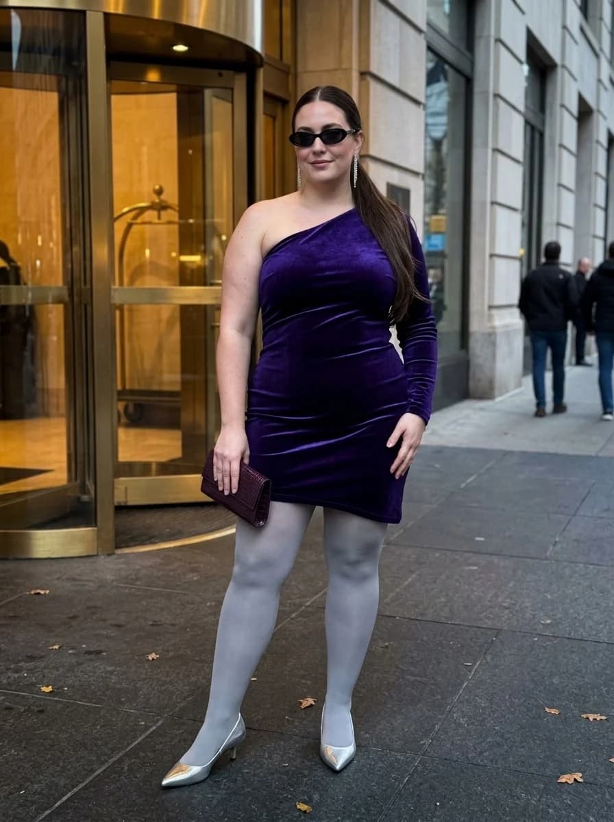 Purple One-Shoulder Velvet Mini Dress with Gray Tights