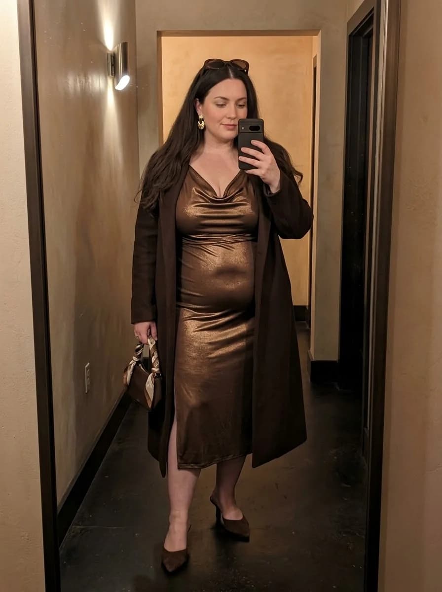 Bronze Satin Midi Dress with a Dark Brown Coat