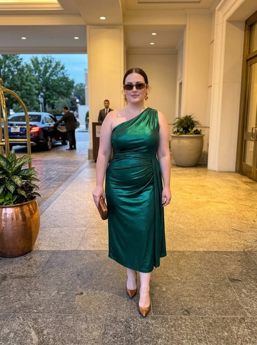 Emerald One-Shoulder Ruched Midi Dress