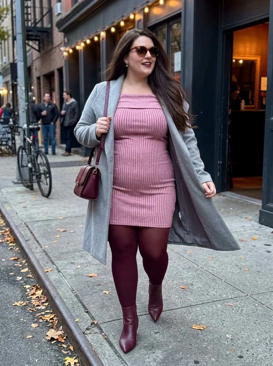 Pink Ribbed Mini Dress with a Gray Coat