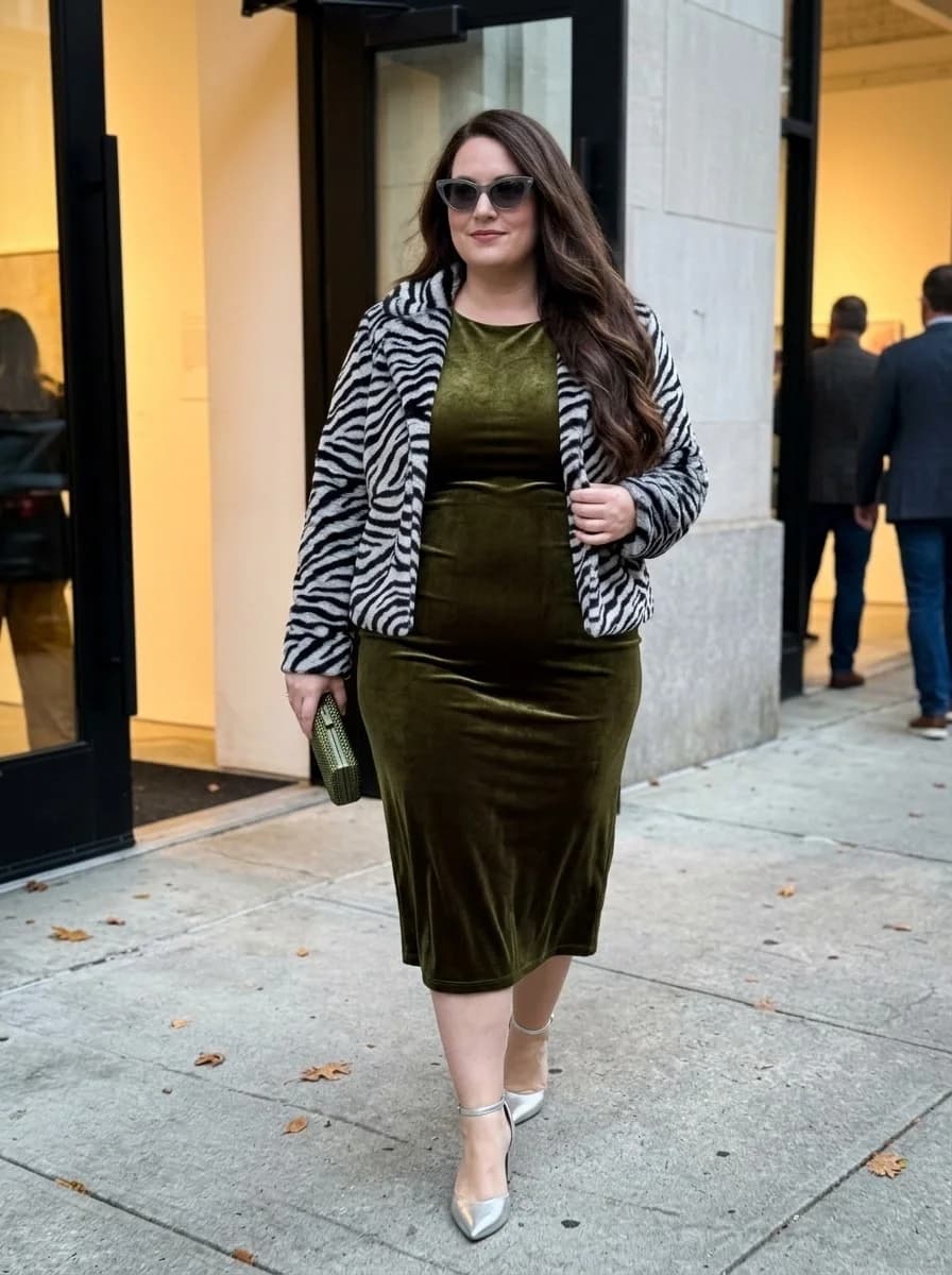 Olive Velvet Midi Dress with a Zebra Jacket