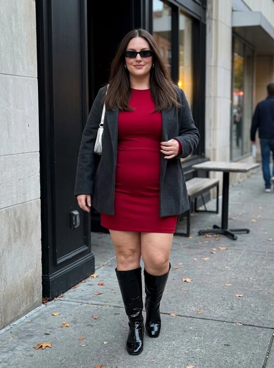 Red Mini Dress with a Charcoal Blazer