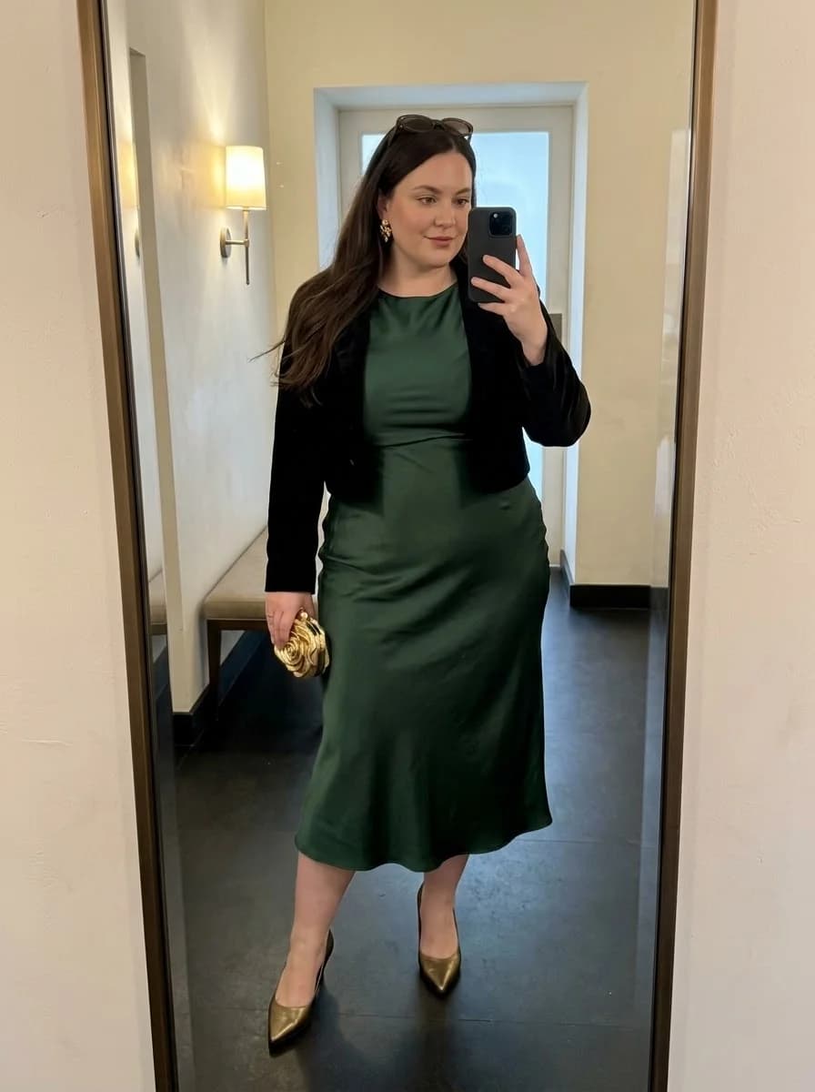 Emerald Satin Midi Dress with a Black Cropped Layer