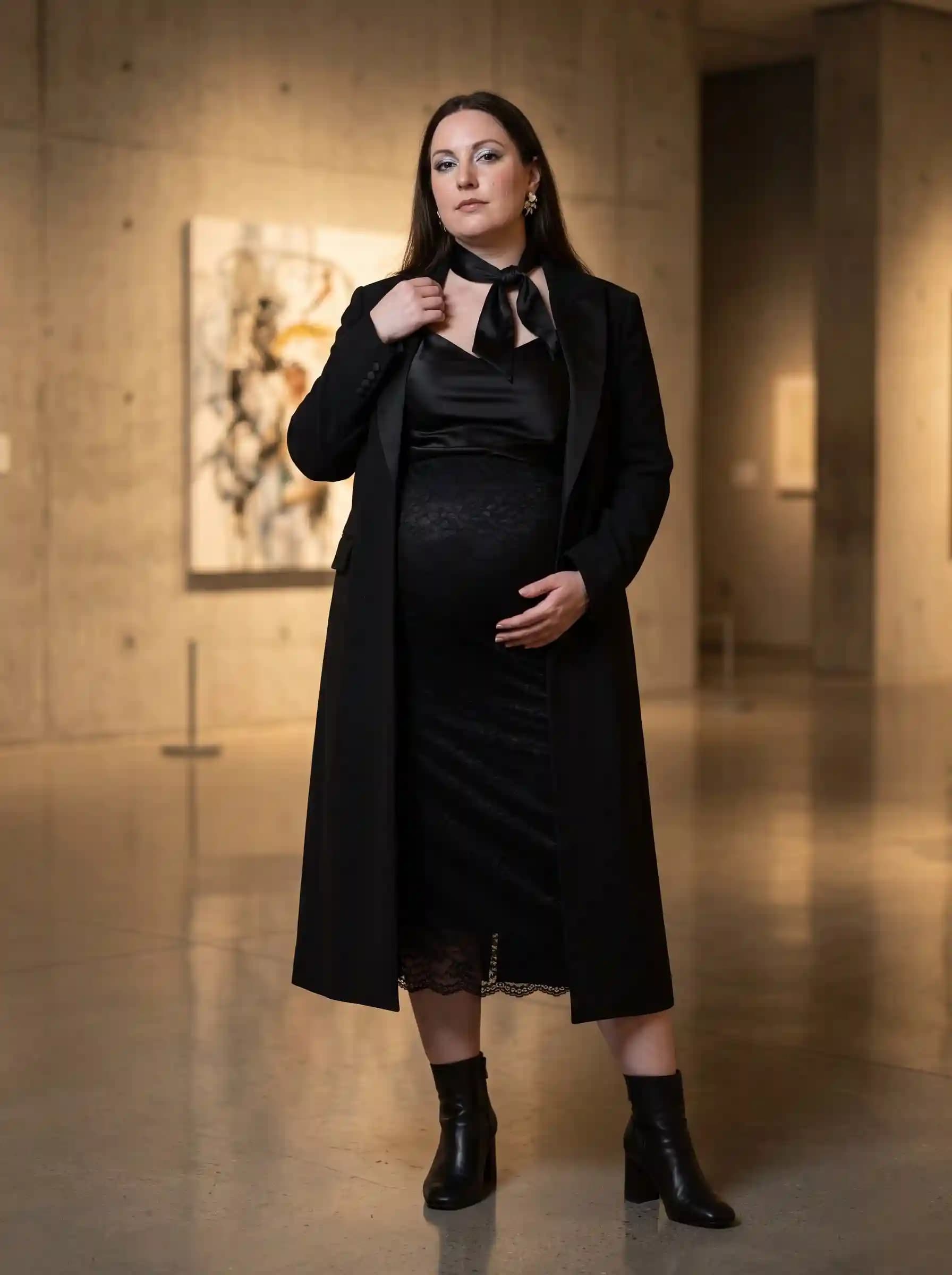 Black Longline Blazer + Black Camisole + Black Lace Slip Dress