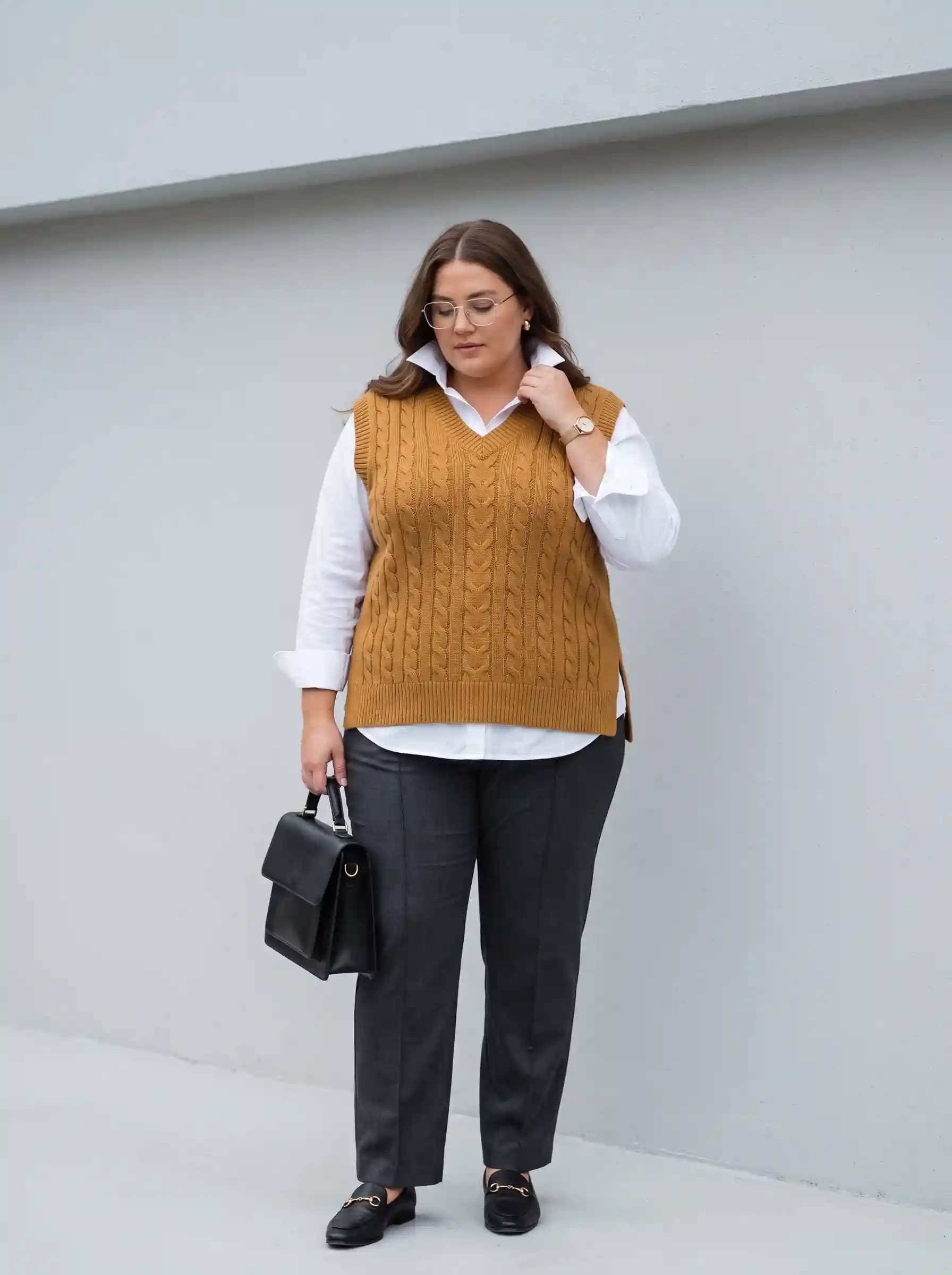 Mustard Cable-Knit Sweater Vest + White Button-Down Shirt + Dark Charcoal Grey Trousers