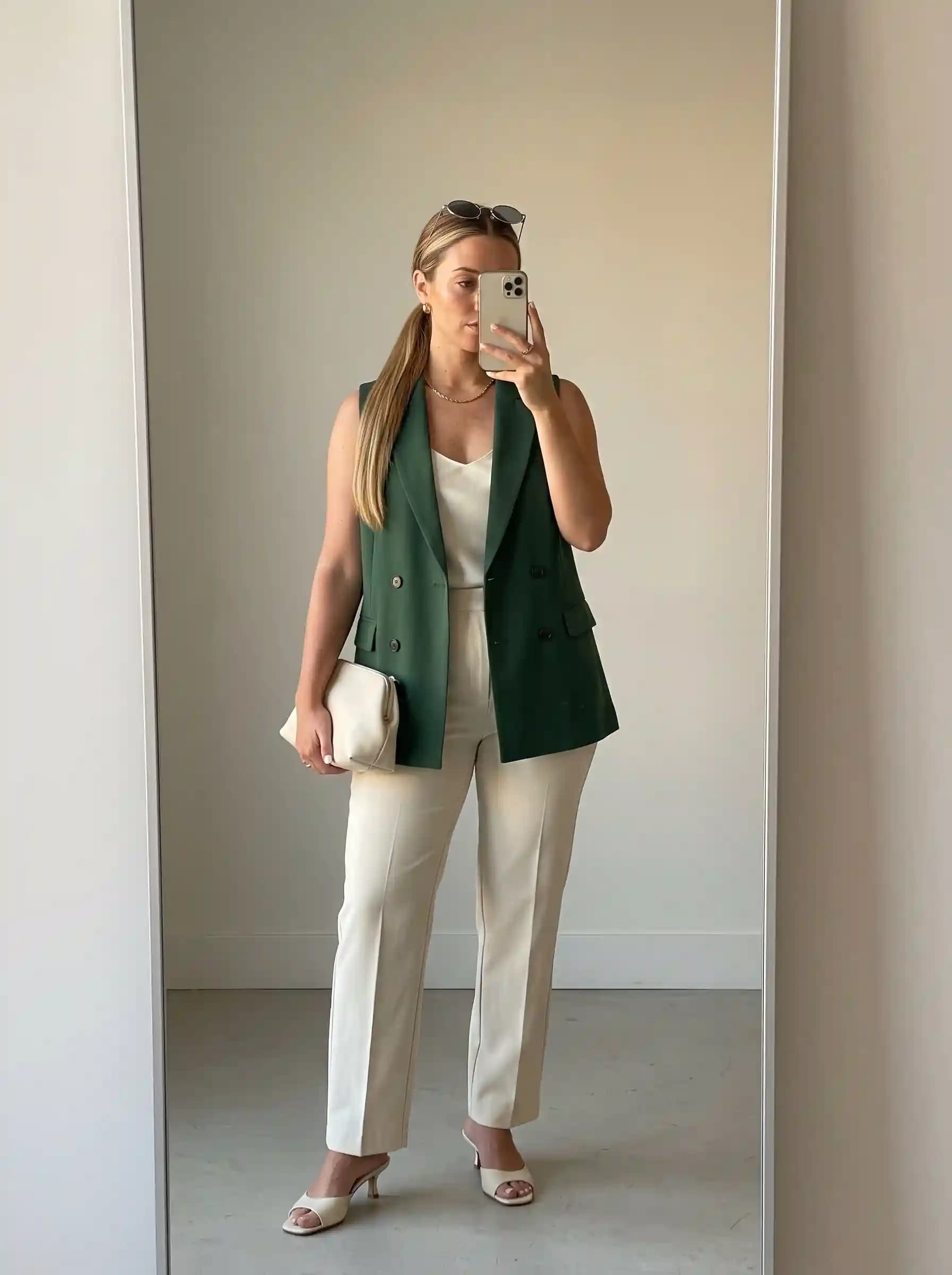 Emerald Green Sleeveless Blazer Vest + Cream Camisole + Cream Tailored Trousers