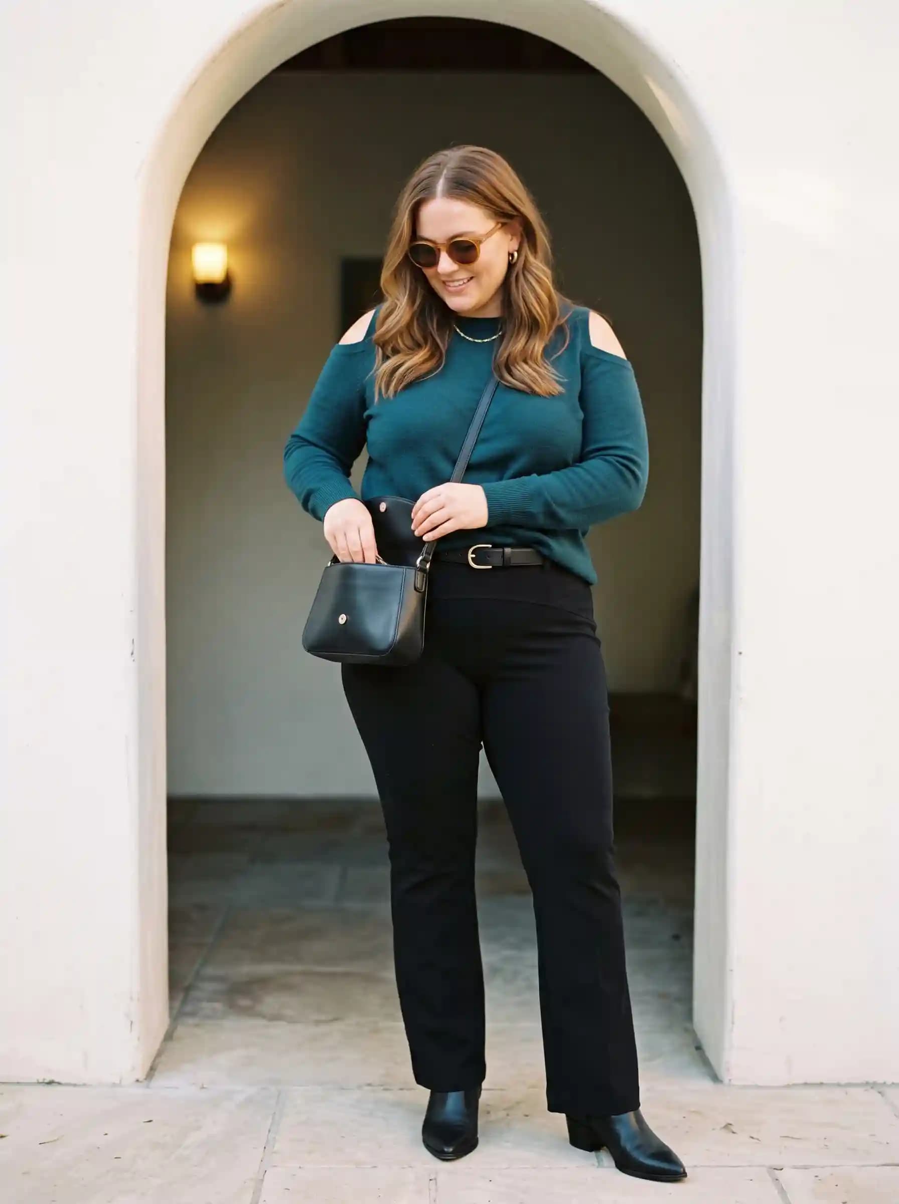 Teal Cold-Shoulder Sweater + Black Straight-Fit Trousers
