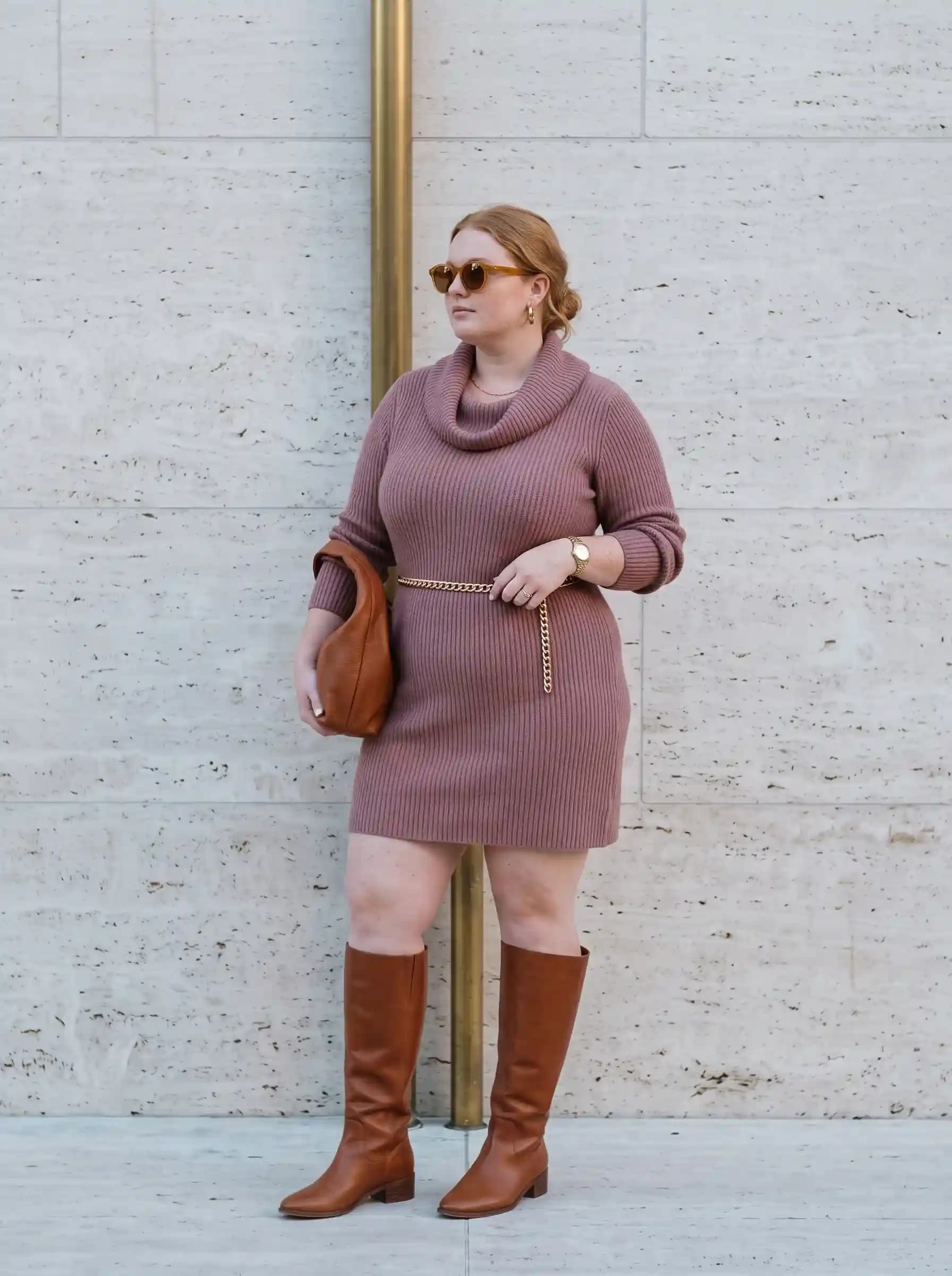 Mauve Cowl-Neck Sweater Dress + Cognac Knee-High Boots