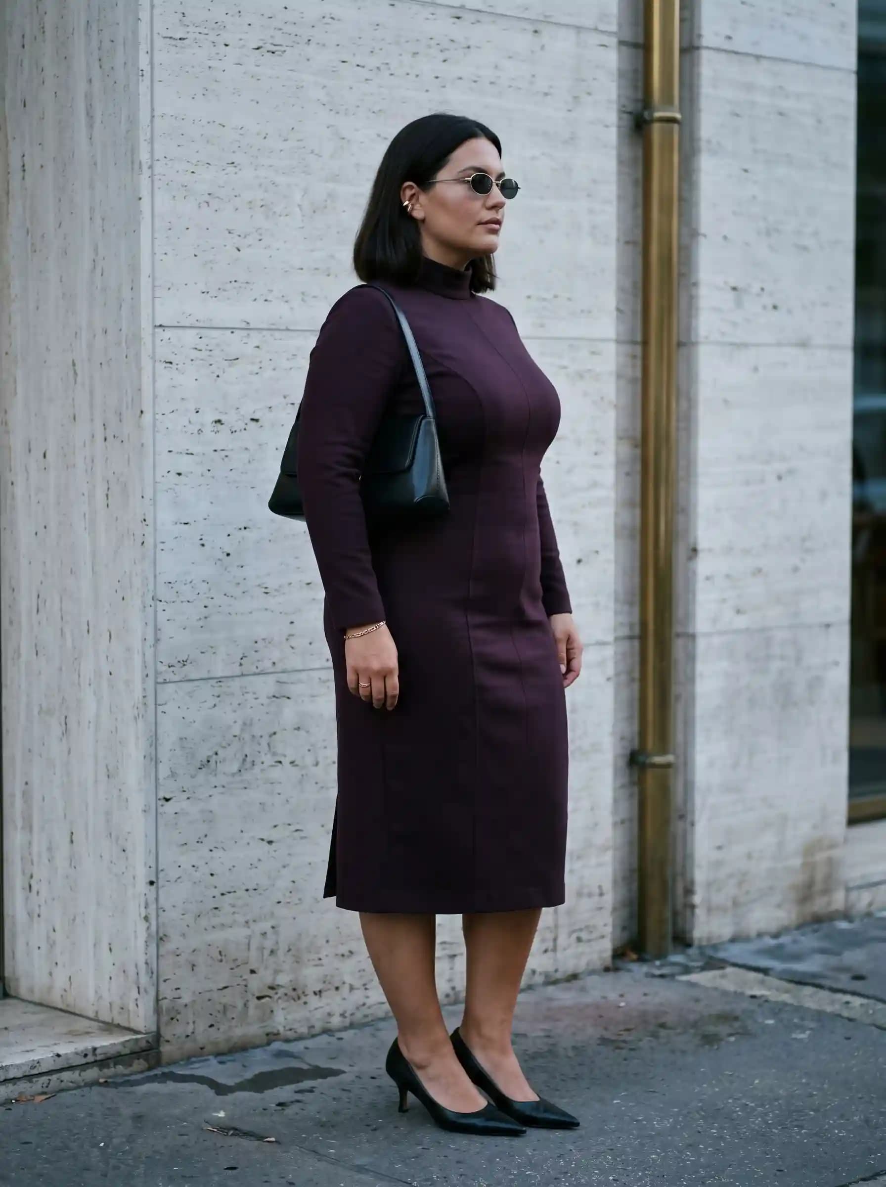 Dark Purple Mock-Neck Sheath Dress + Black Pointed-Toe Pumps