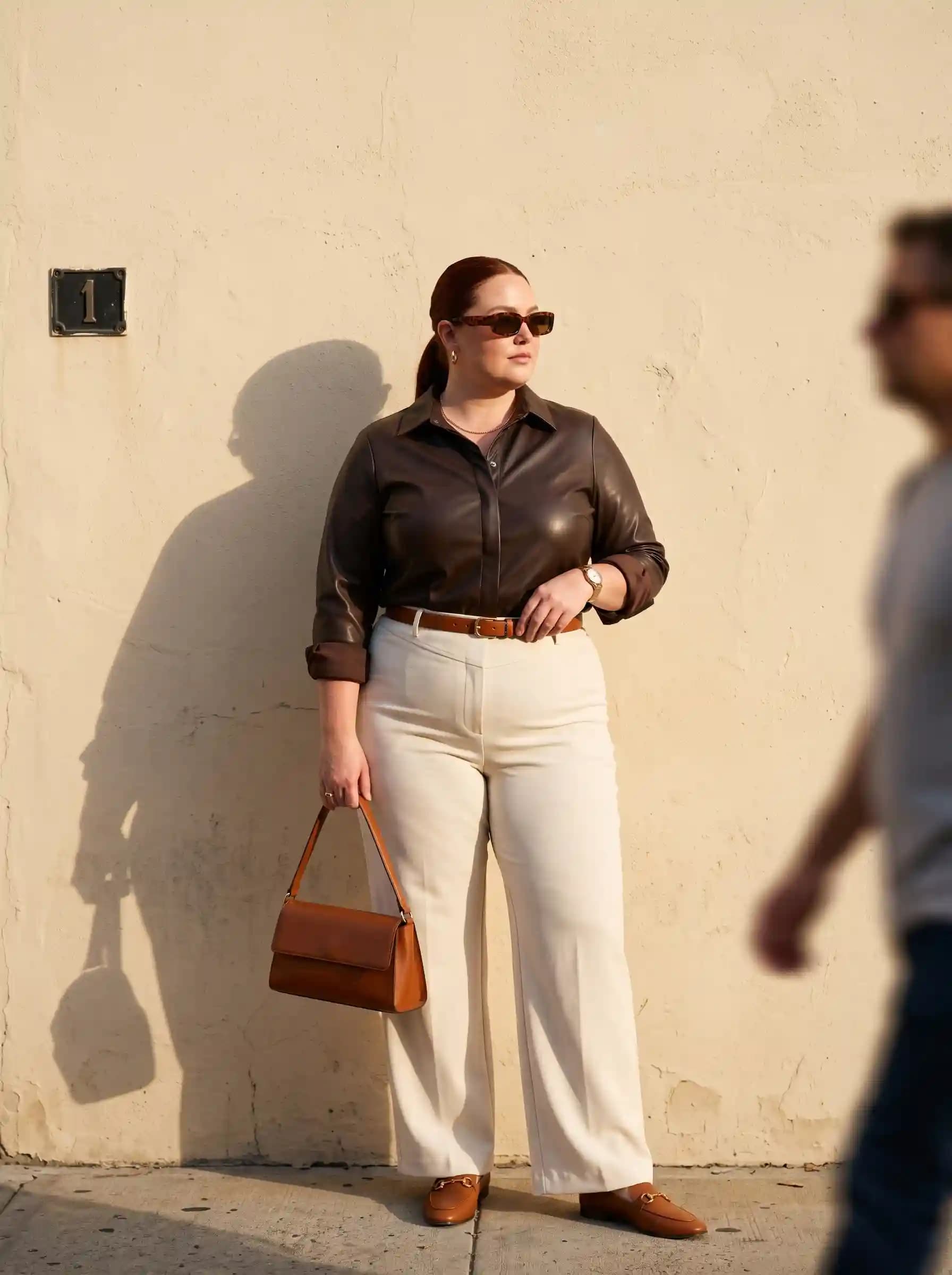 Brown Faux Leather Shirt + Cream Wide-Leg Trousers + Brown Loafers