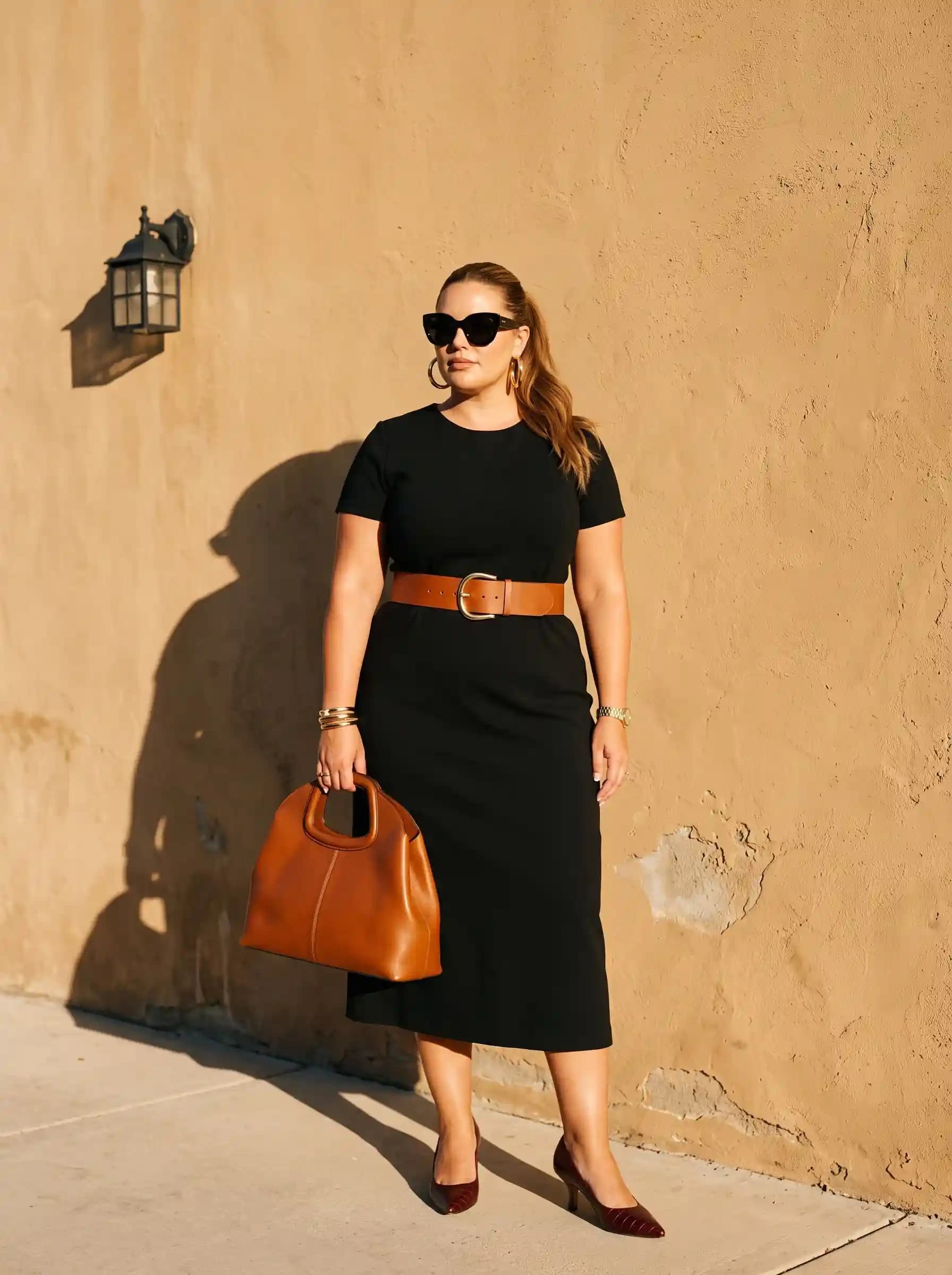 Black T-Shirt Dress + Cognac Leather Belt + Cognac Leather Tote