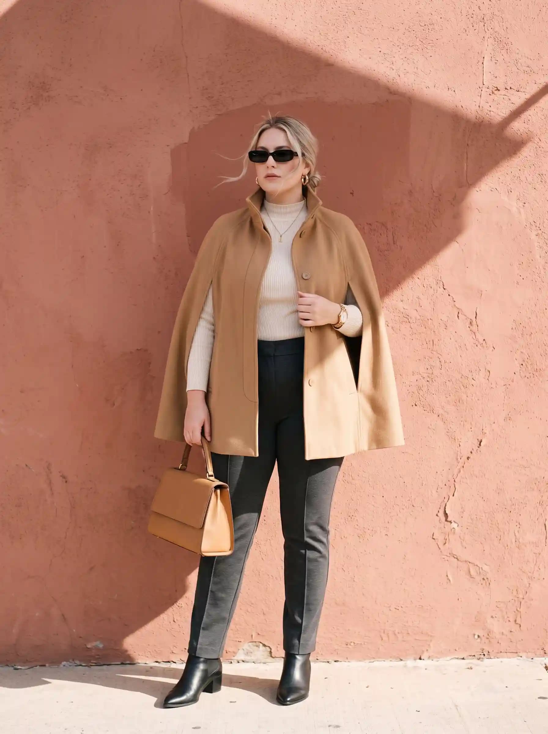 Cream Turtleneck + Camel Cape Coat + Charcoal Grey Trousers