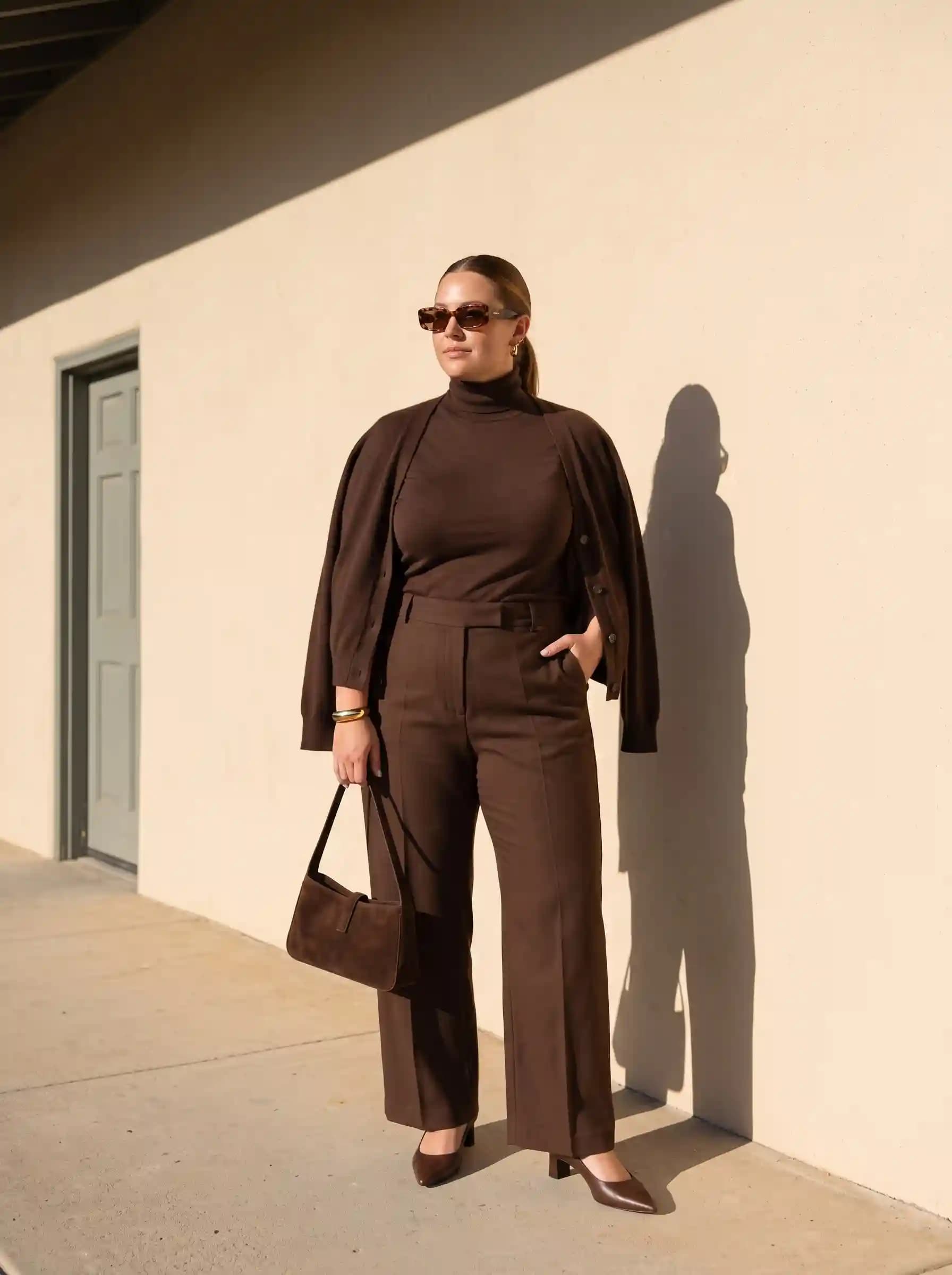 Brown Turtleneck + Brown Cardigan + Brown Wide-Leg Trousers