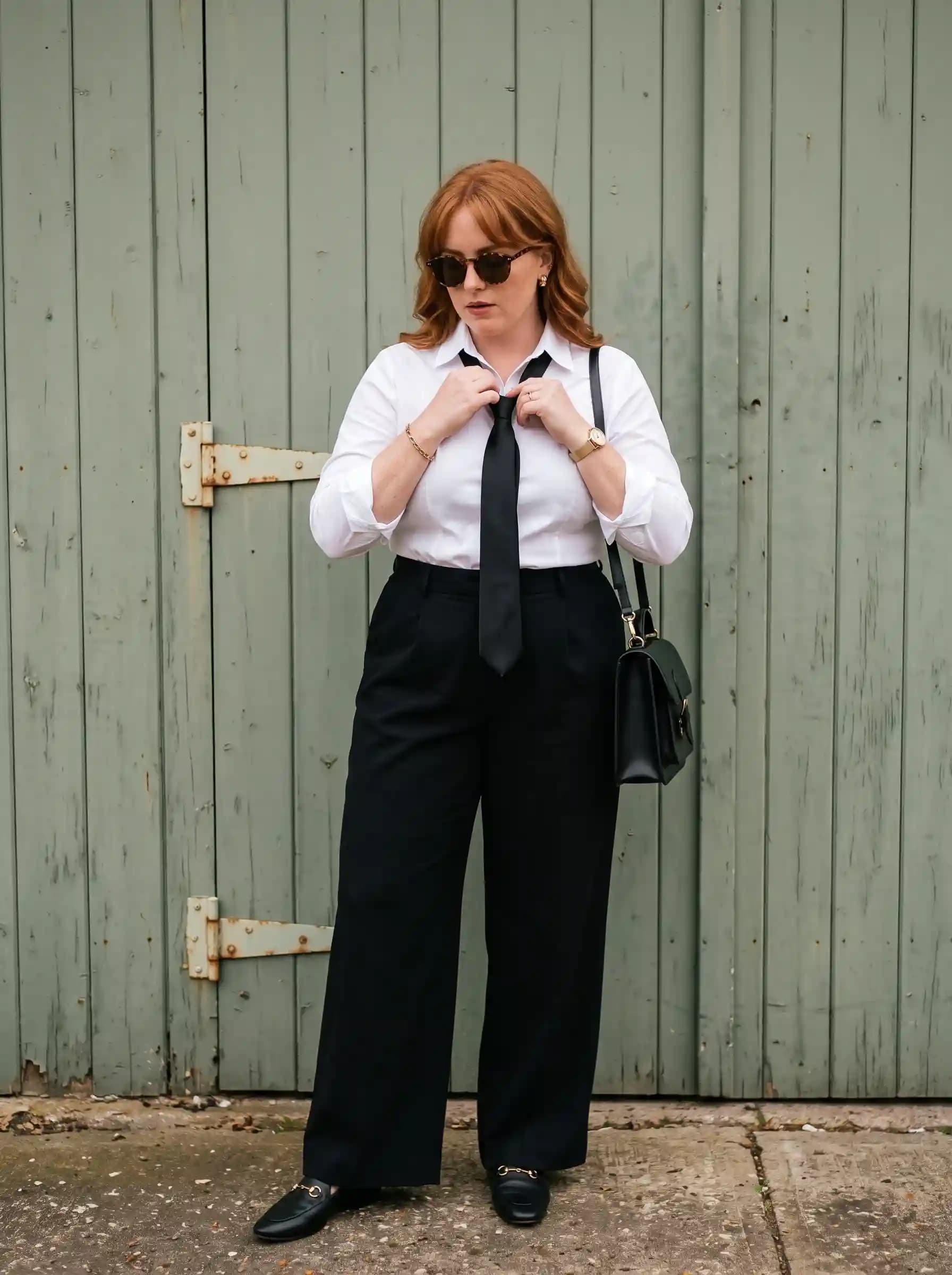 White Button-Down Oxford Shirt + Black Necktie + Black Wide-Leg Trousers