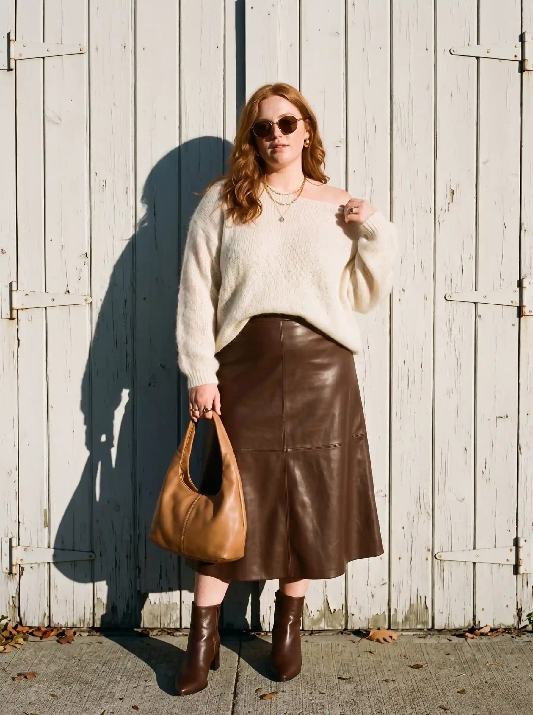 Cream Off-the-Shoulder Sweater + Brown Faux Leather A-Line Skirt