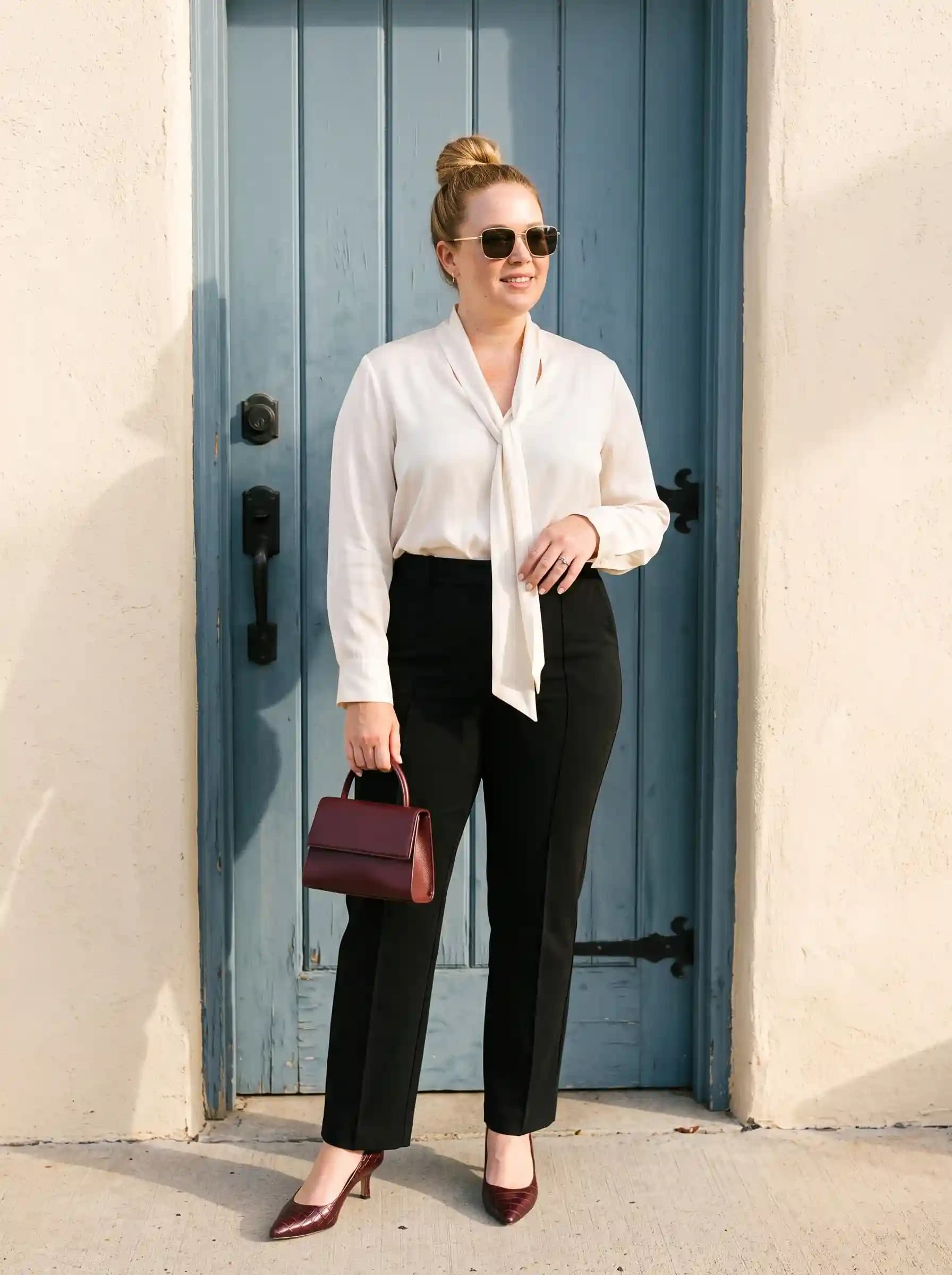 White Pussy-Bow Blouse + Black Tailored Trousers + Burgundy Pumps