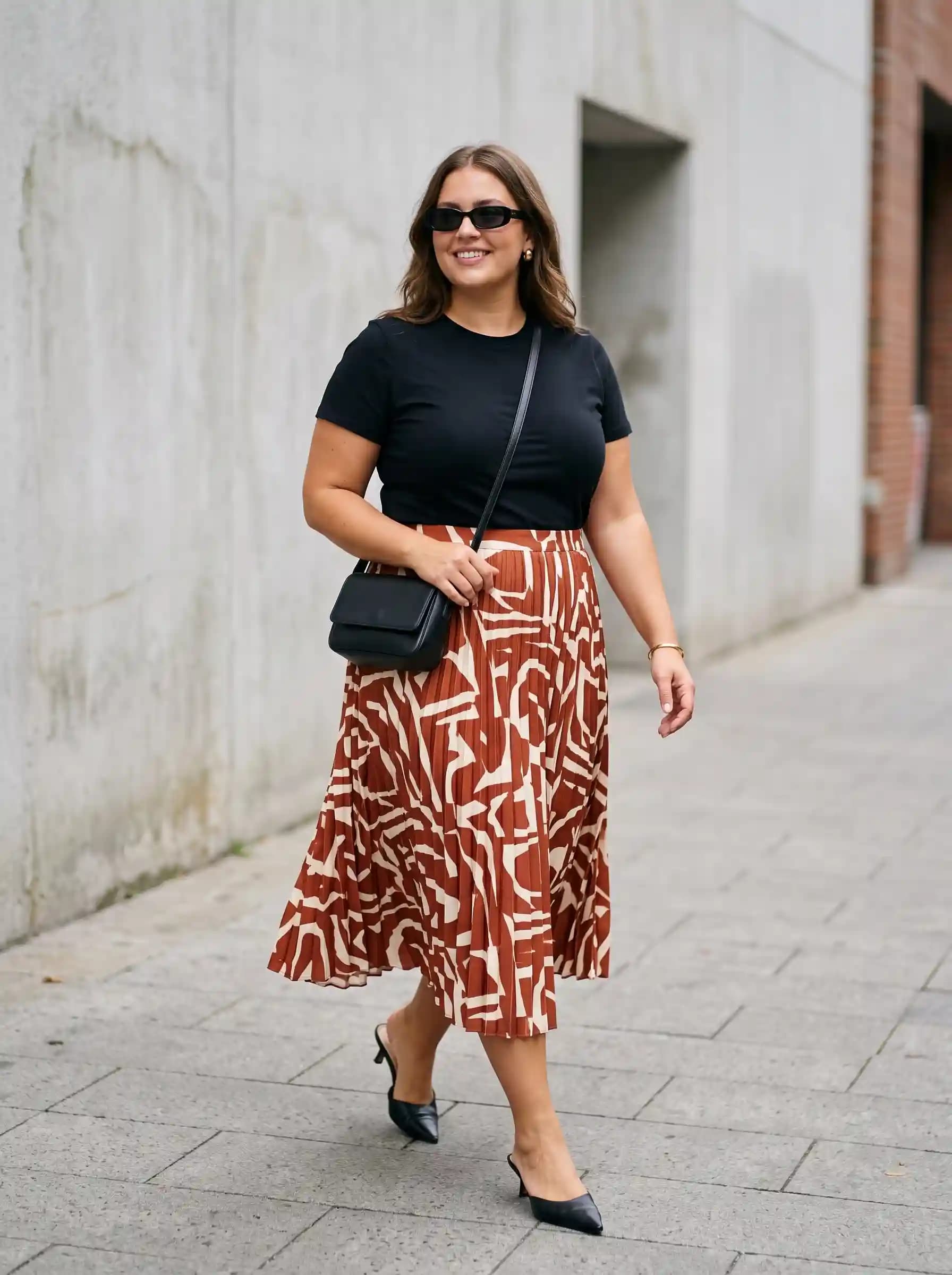 Black T-Shirt + Brown and Cream Printed Pleated Midi Skirt