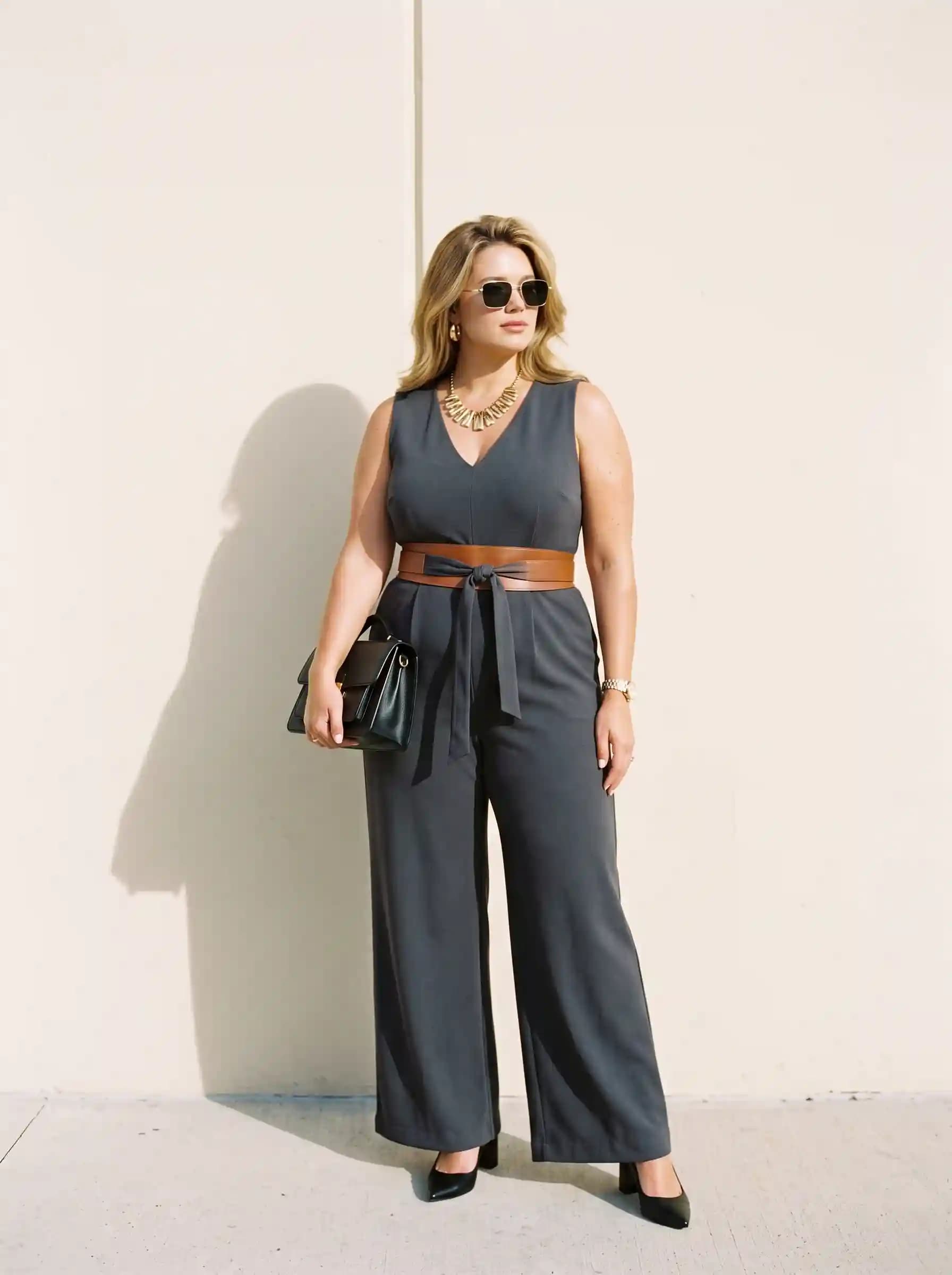 Dark Charcoal Grey Sleeveless Wide-Leg Jumpsuit + Cognac Leather Belt