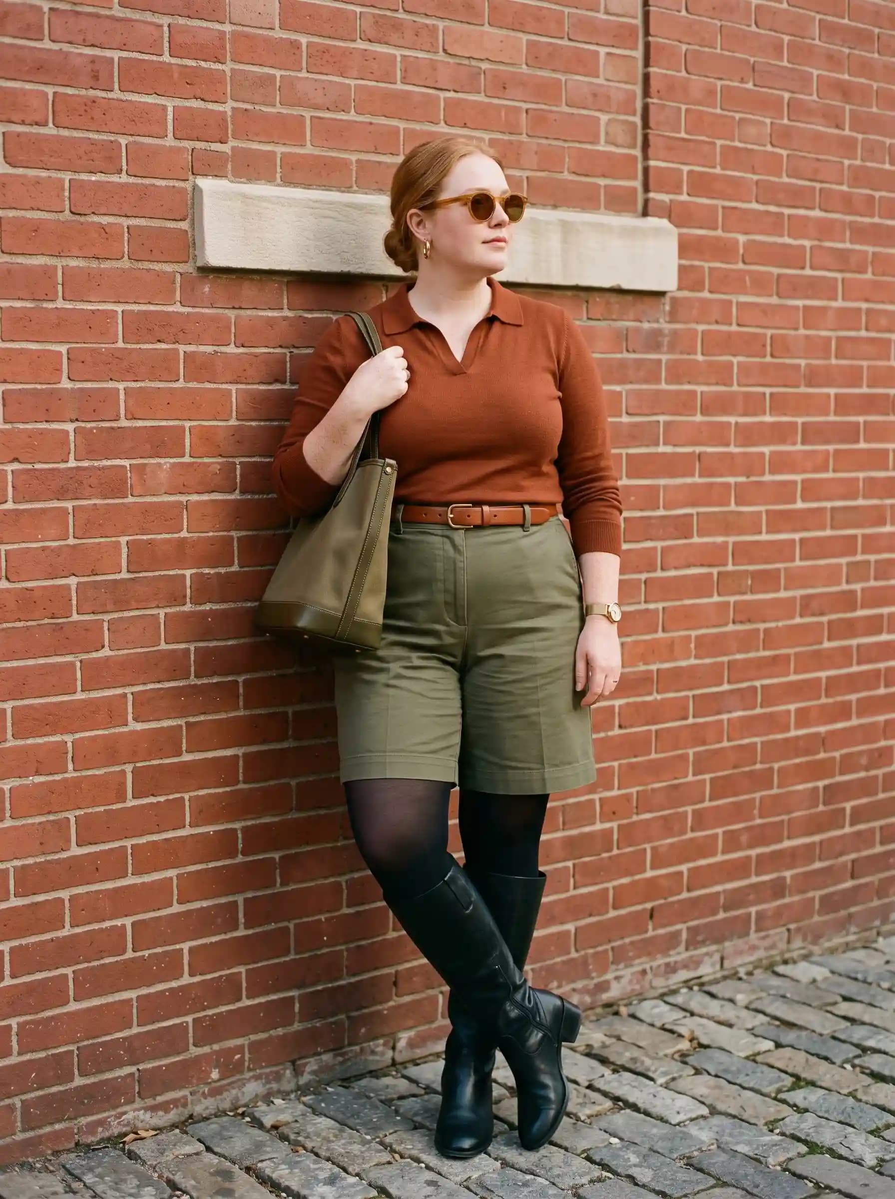 Rust Long-Sleeve Polo Shirt + Olive Green Bermuda Shorts + Black Tights + Black Knee-High Boots