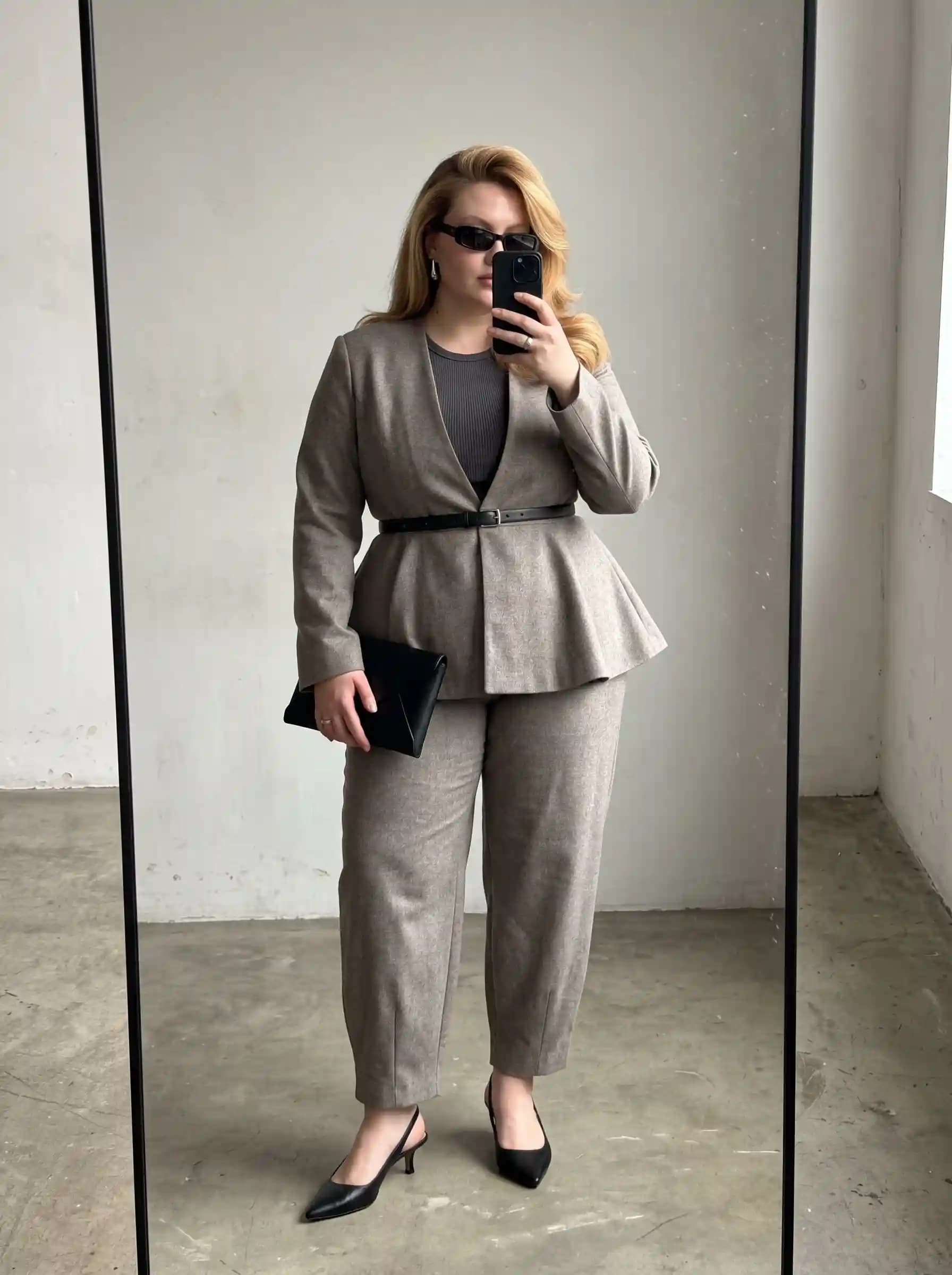 Taupe Peplum Blazer + Dark Grey Ribbed Top + Taupe Tapered Trousers