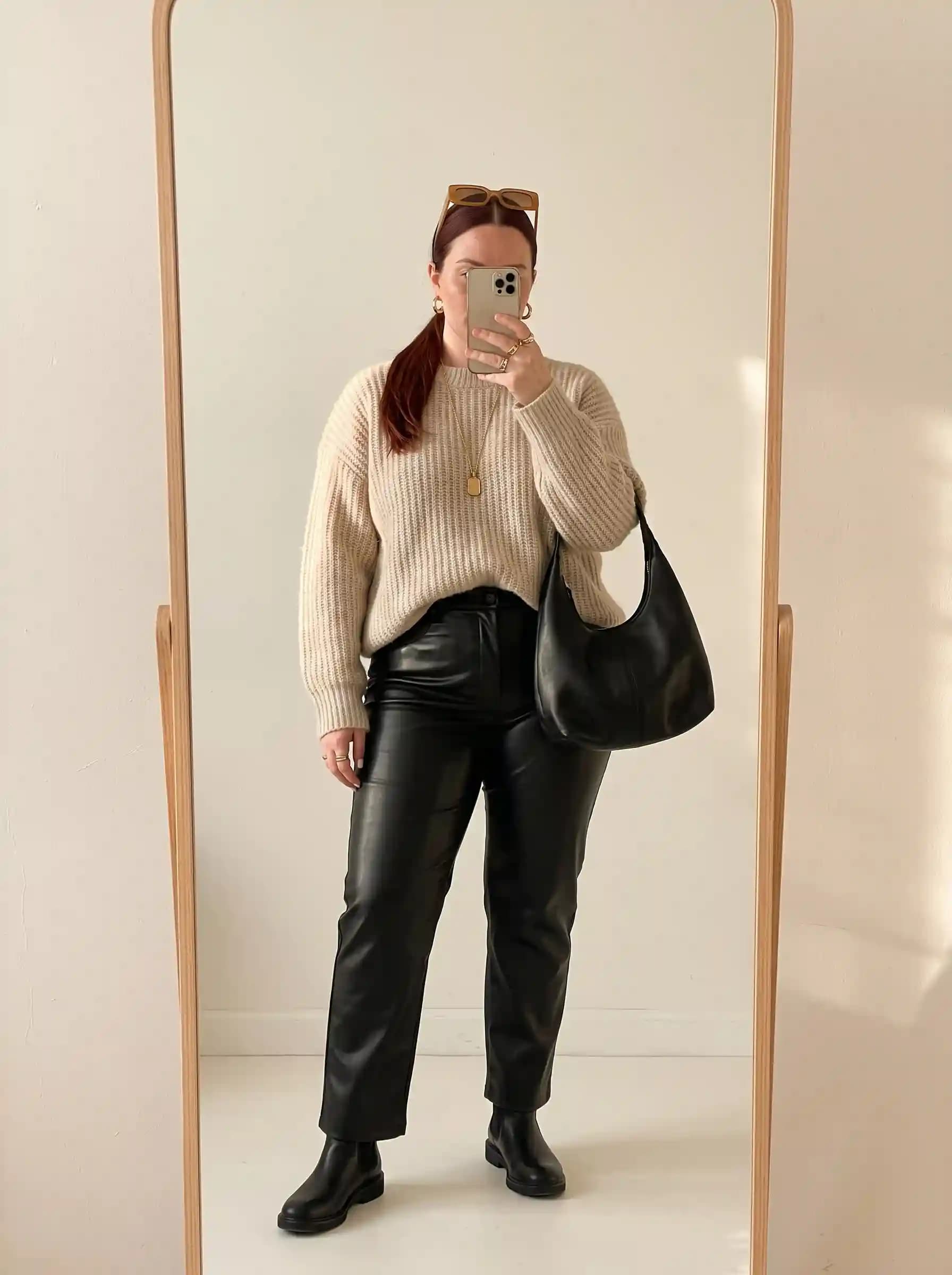 Cream Chunky Ribbed-Knit Sweater + Black Faux Leather Straight-Leg Pants