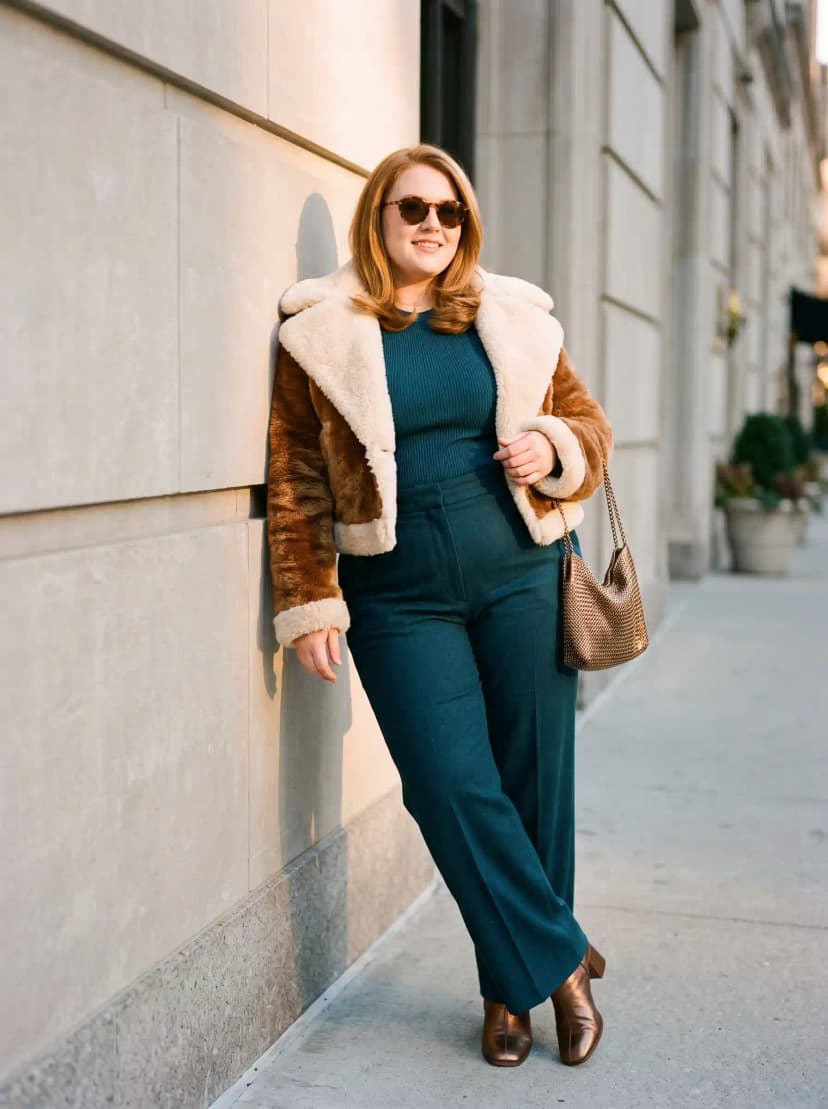 Teal Ribbed Sweater + Brown Faux Fur Jacket + Teal Trousers