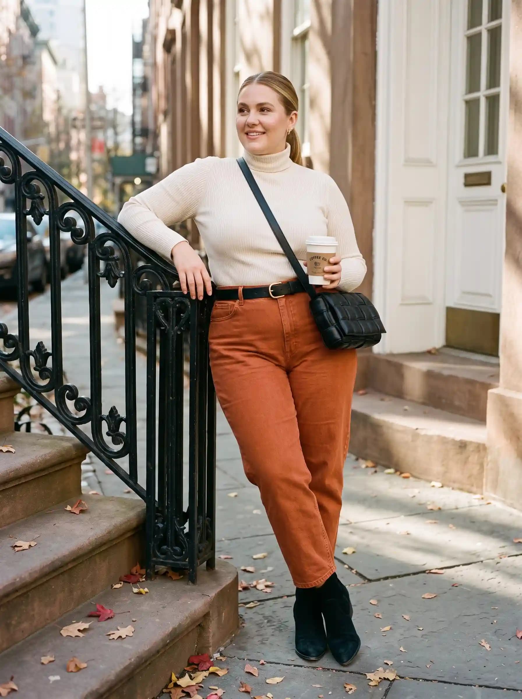 Cream Turtleneck Sweater + Rust-Colored Jeans