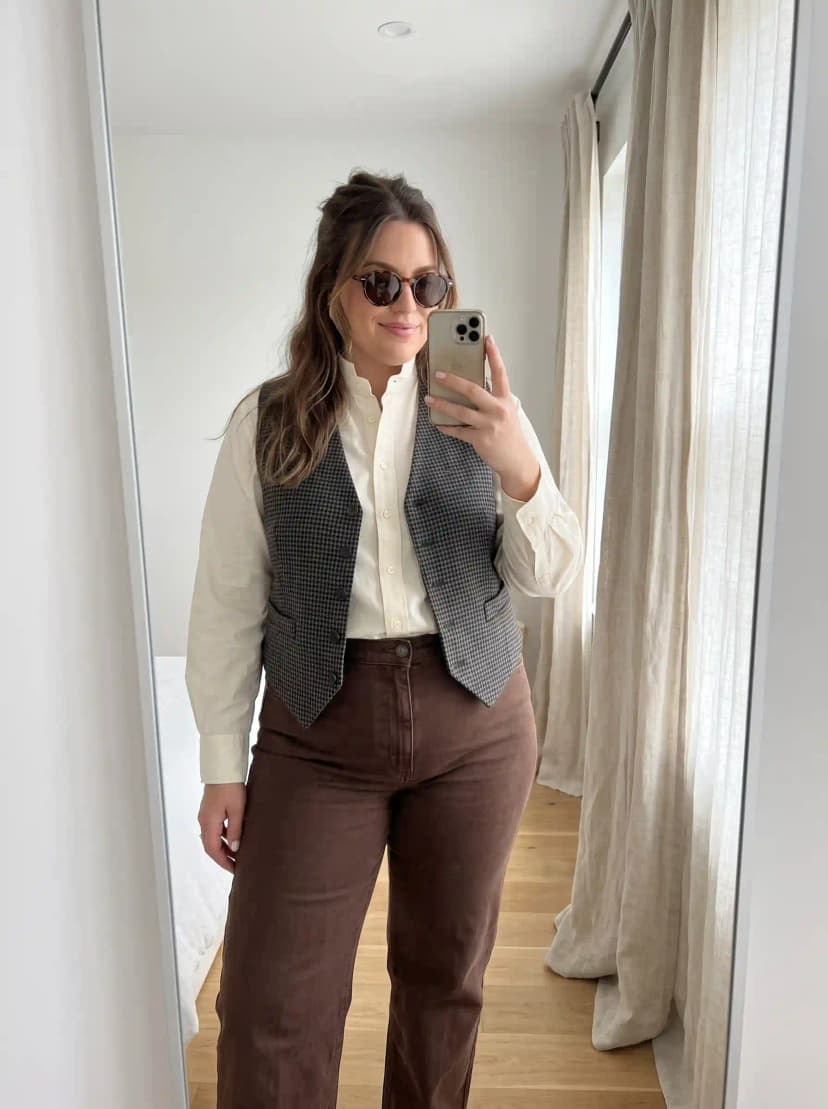 White Button-Up Shirt + Grey Houndstooth Vest + Brown Trousers
