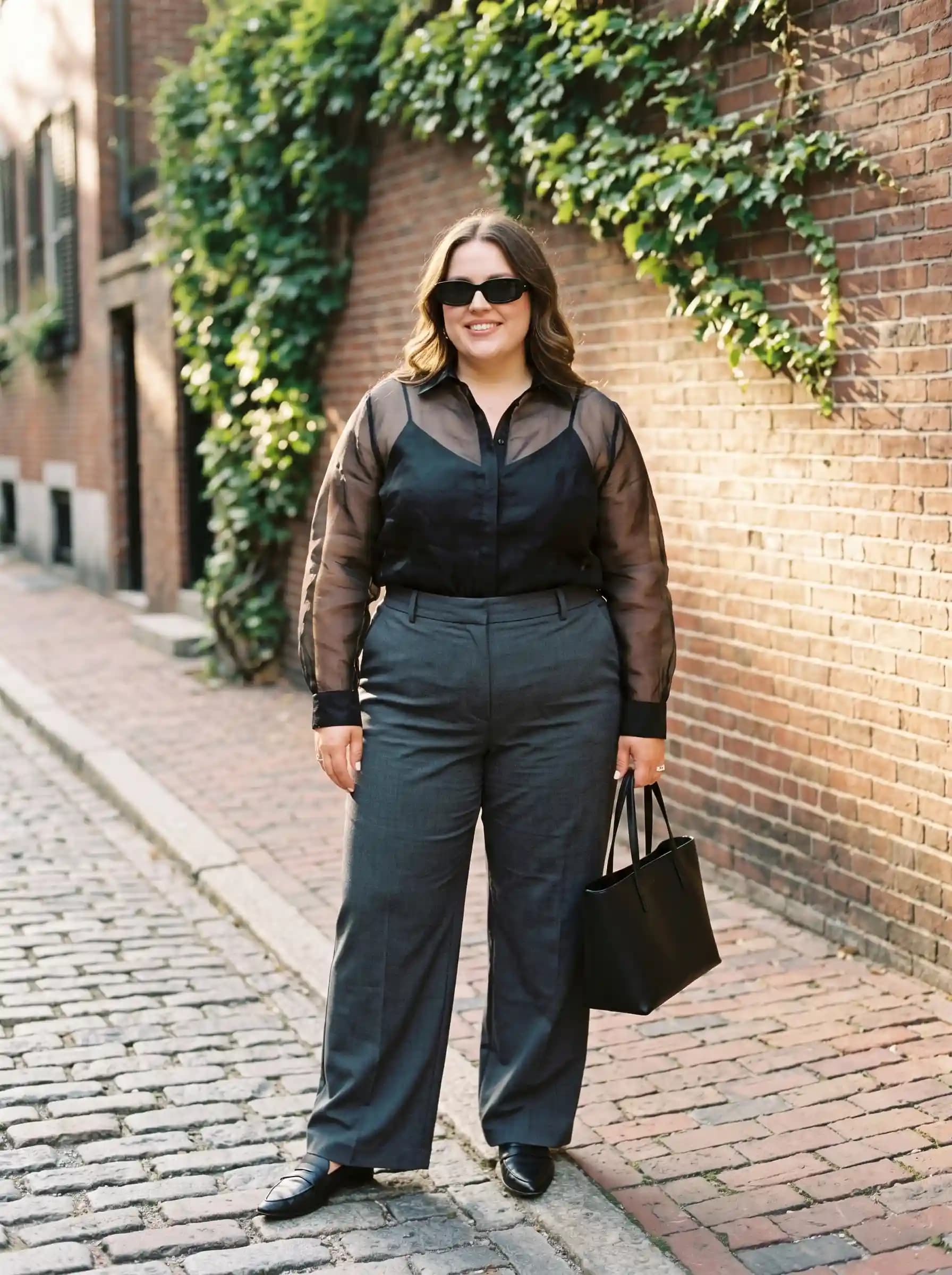 Black Sheer Button-Up Shirt + Grey Wide-Leg Trousers