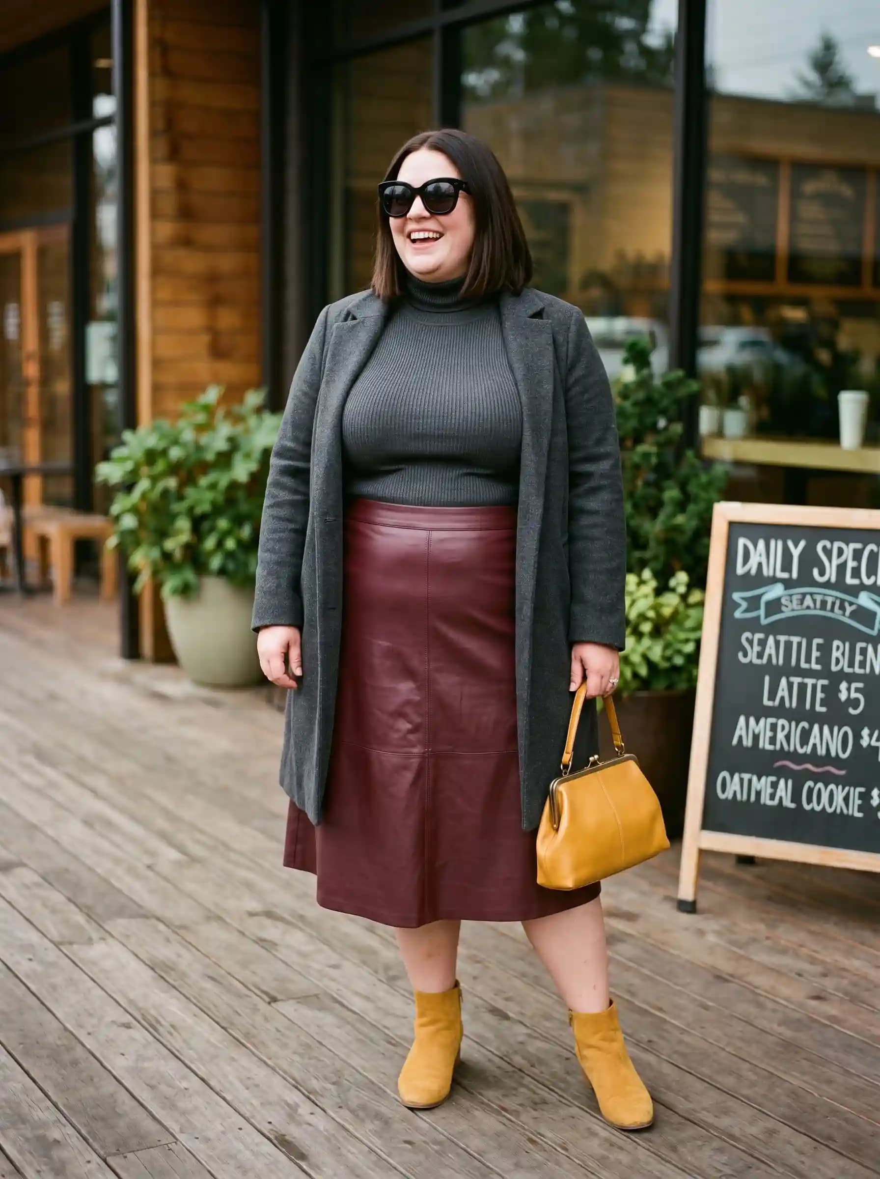 Grey Turtleneck + Burgundy Leather Midi Skirt + Grey Coat