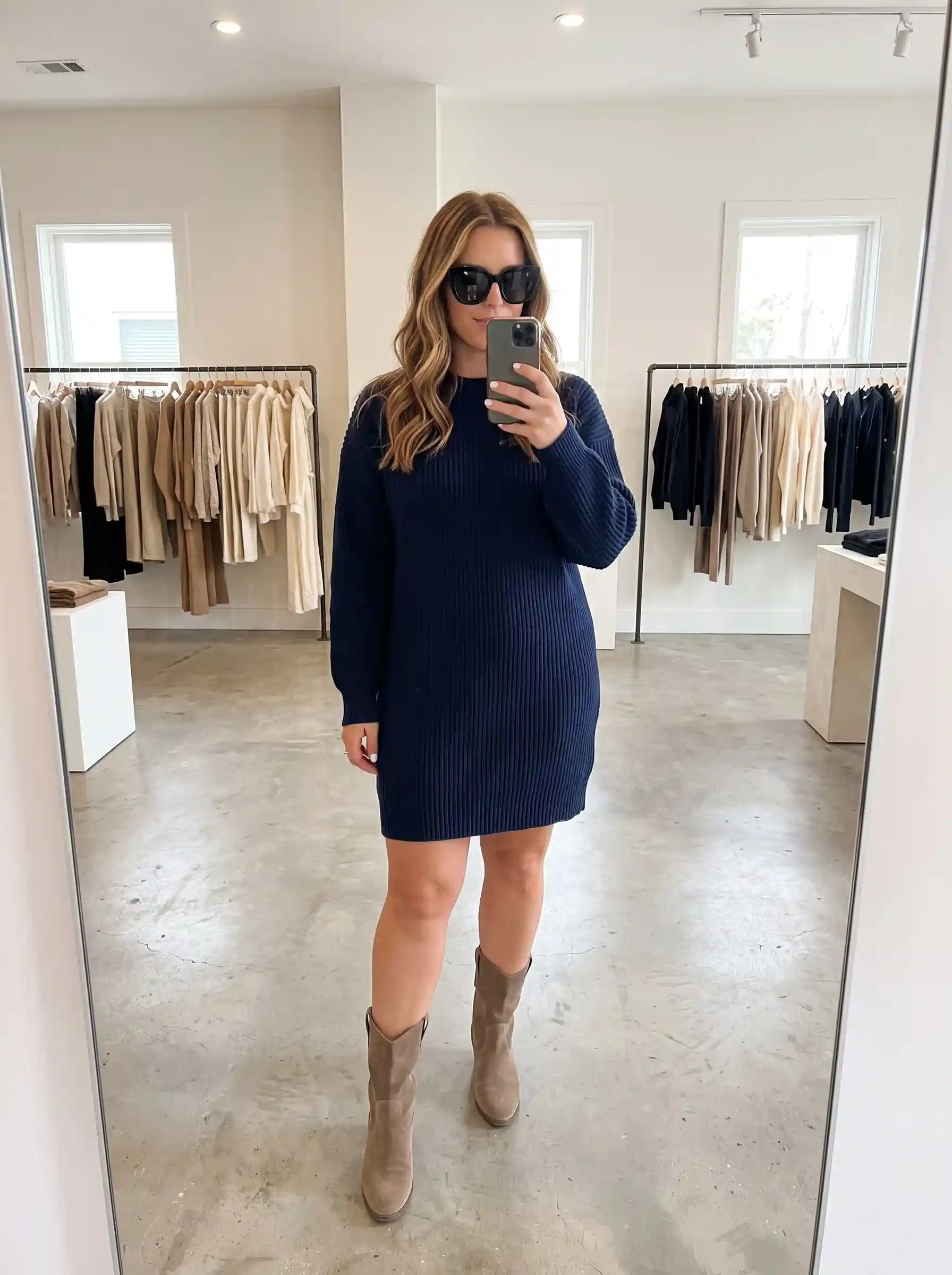 Navy Ribbed Sweater Dress + Taupe Suede Ankle Boots