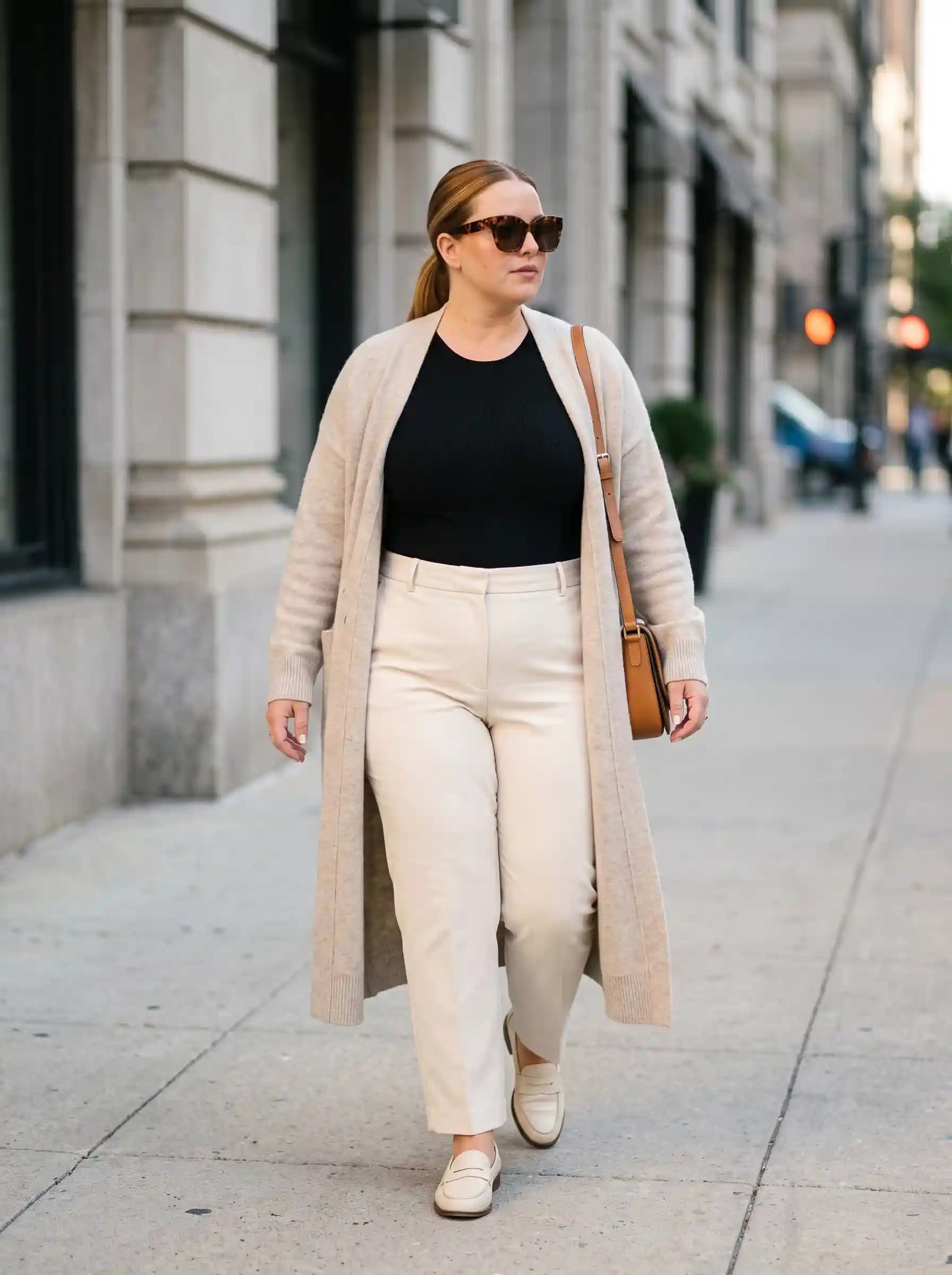 Black Ribbed Top + Cream Wide-Leg Trousers + Beige Long Cardigan
