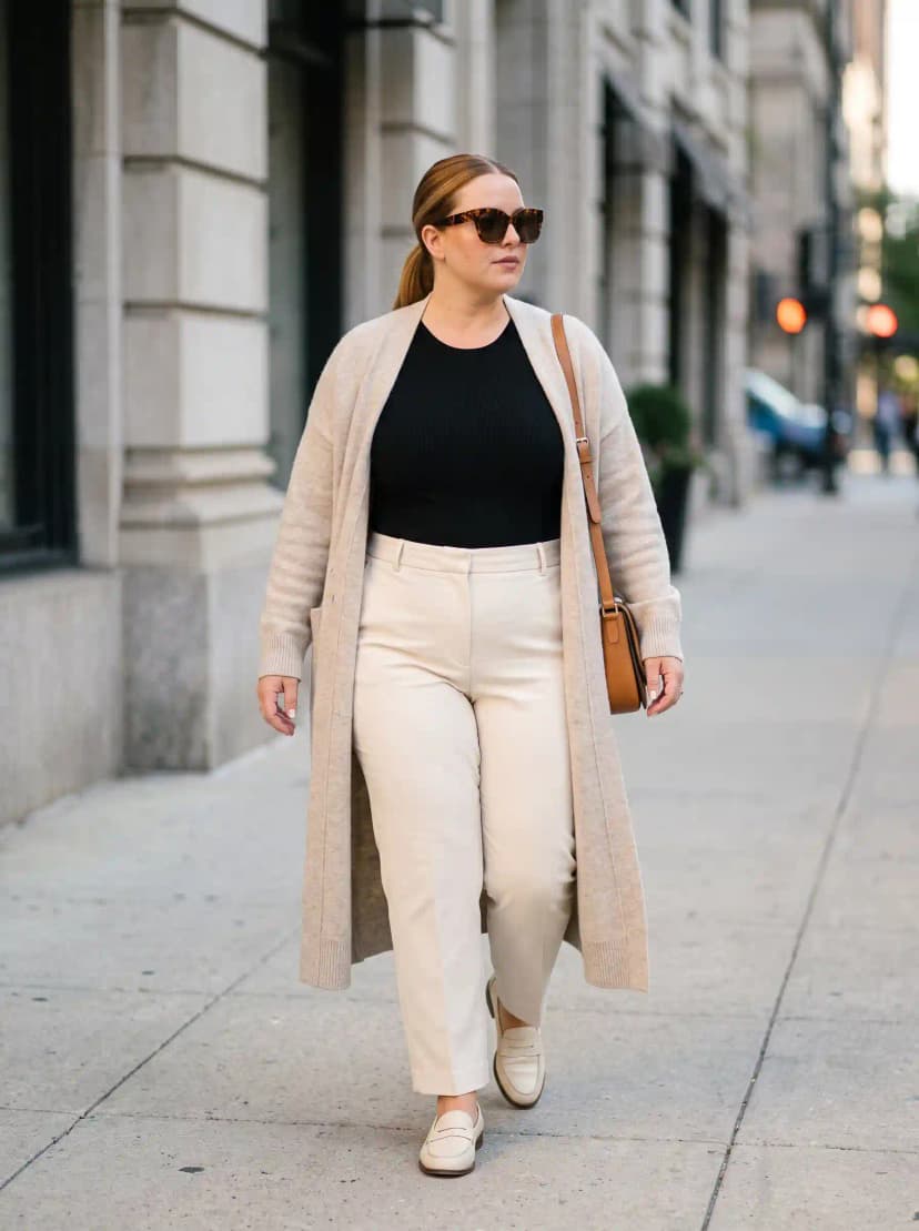 Black Ribbed Top + Cream Wide-Leg Trousers + Beige Long Cardigan