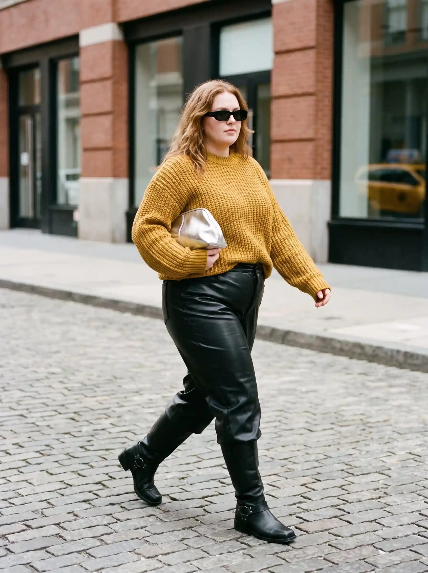 Mustard Cable-Knit Sweater + Black Faux Leather Pants