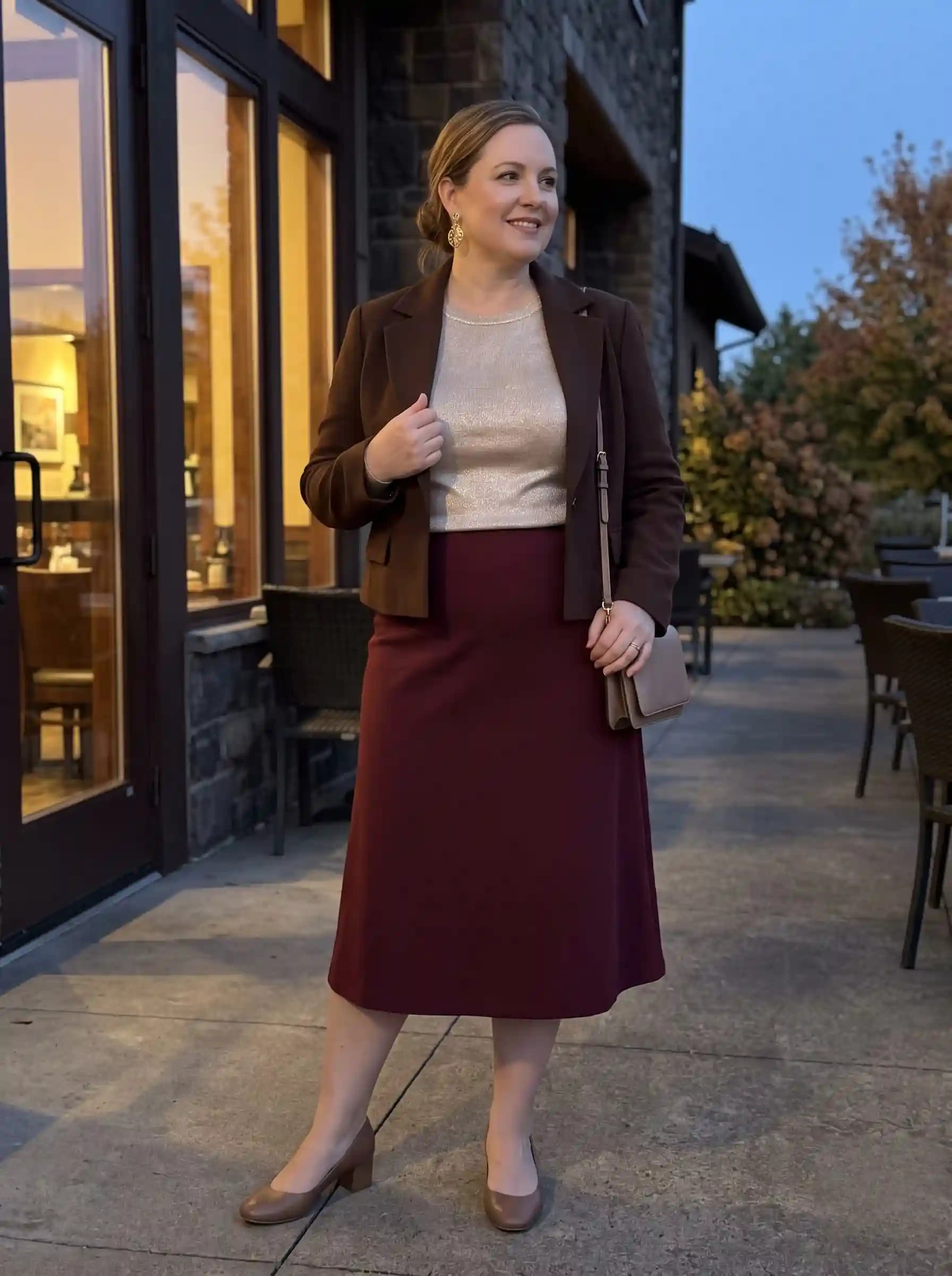 Brown Blazer + Gold Sparkly Top + Burgundy Midi Skirt