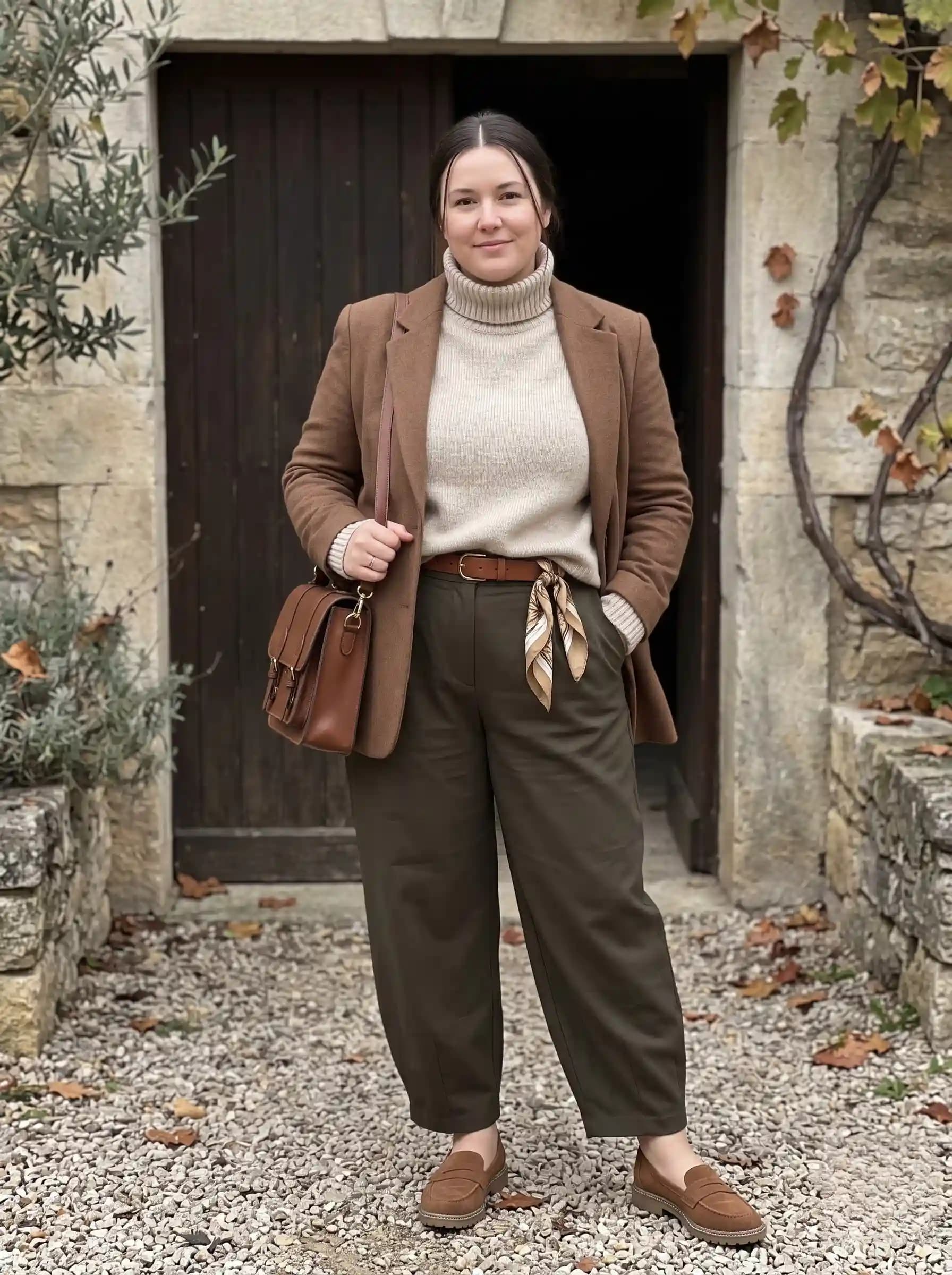 Brown Blazer + Beige Turtleneck + Olive Green Trousers