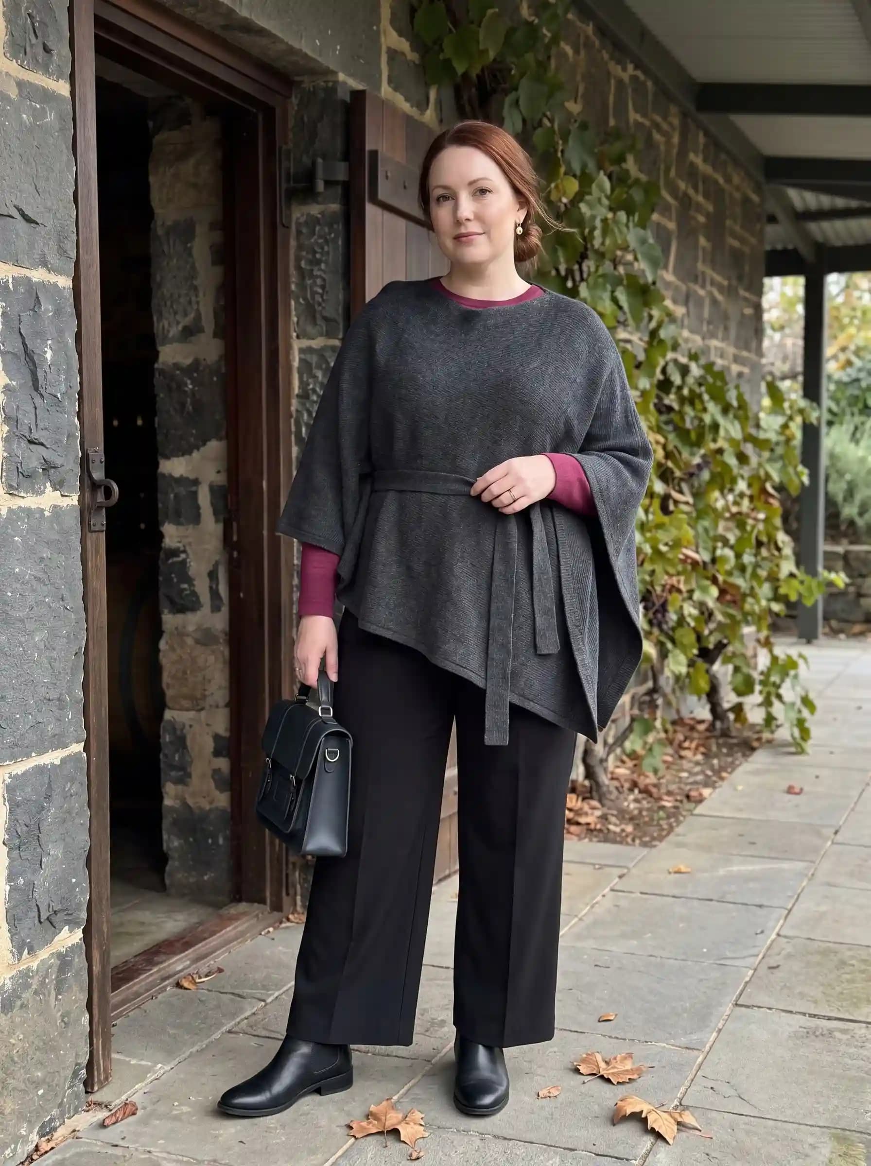 Grey Belted Poncho + Burgundy Top + Black Wide-Leg Trousers