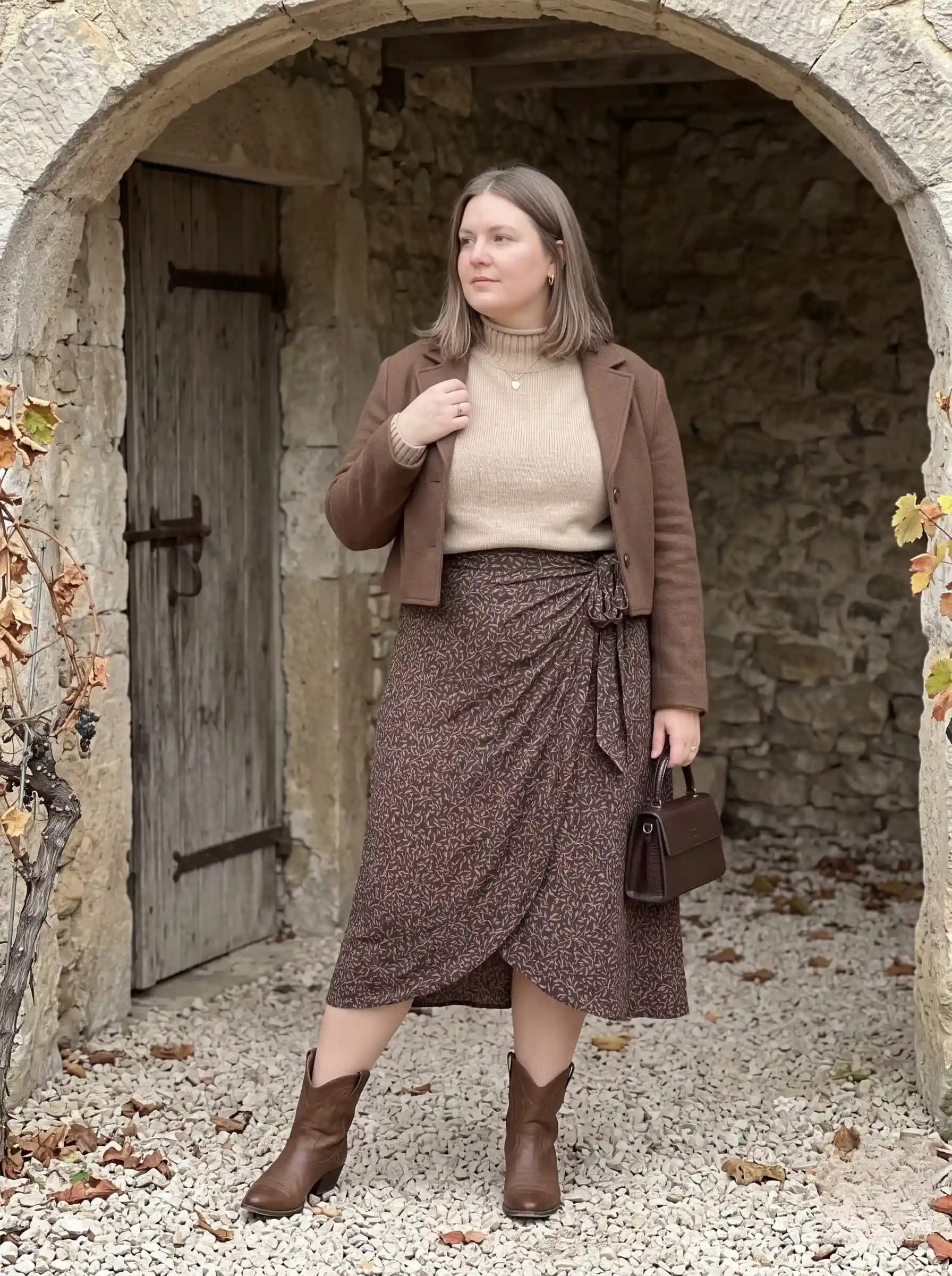 Cropped Brown Blazer + Beige Turtleneck + Brown Floral Wrap Skirt