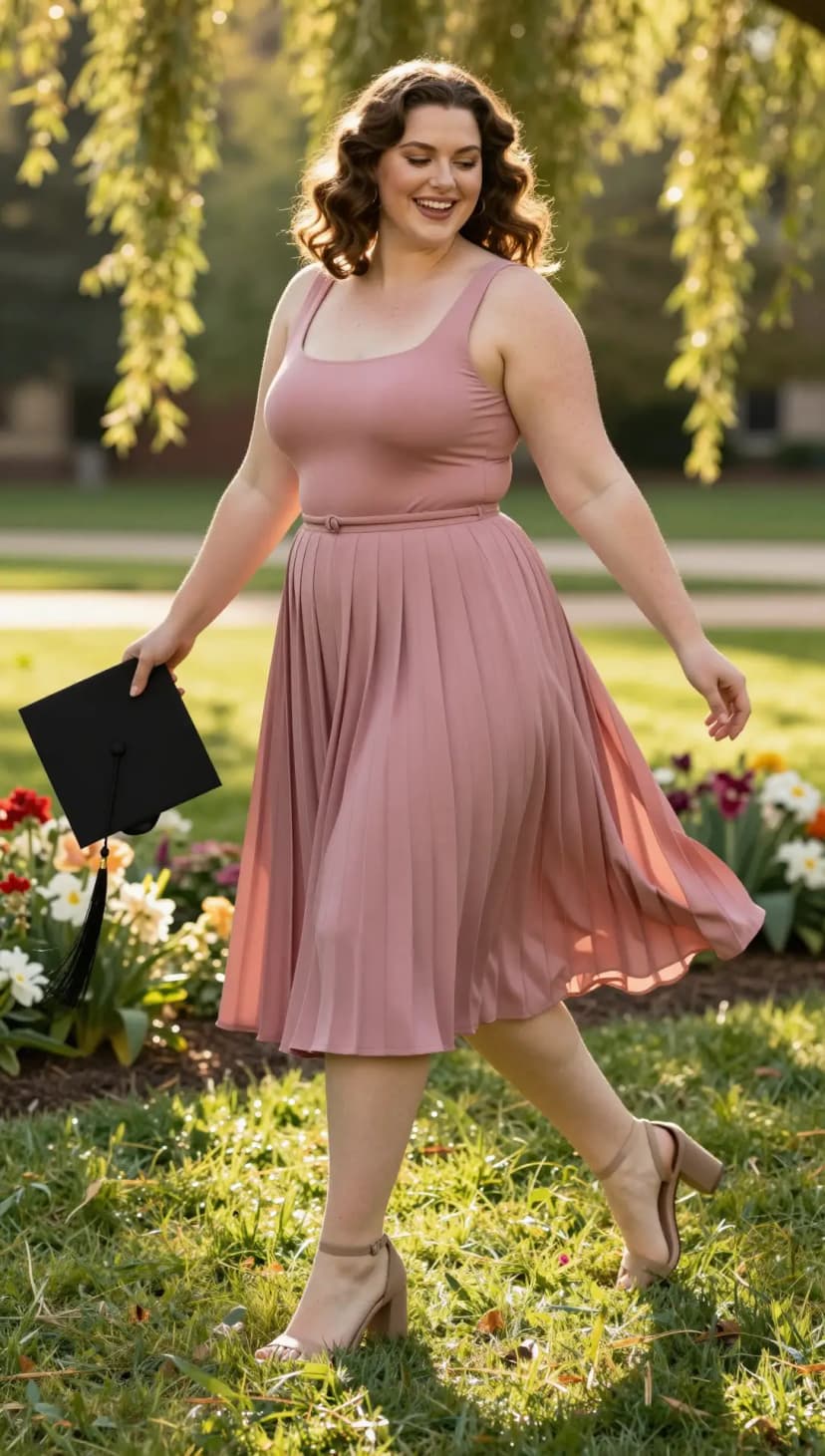 Rose Pleated Midi Dress + Nude Block Heels