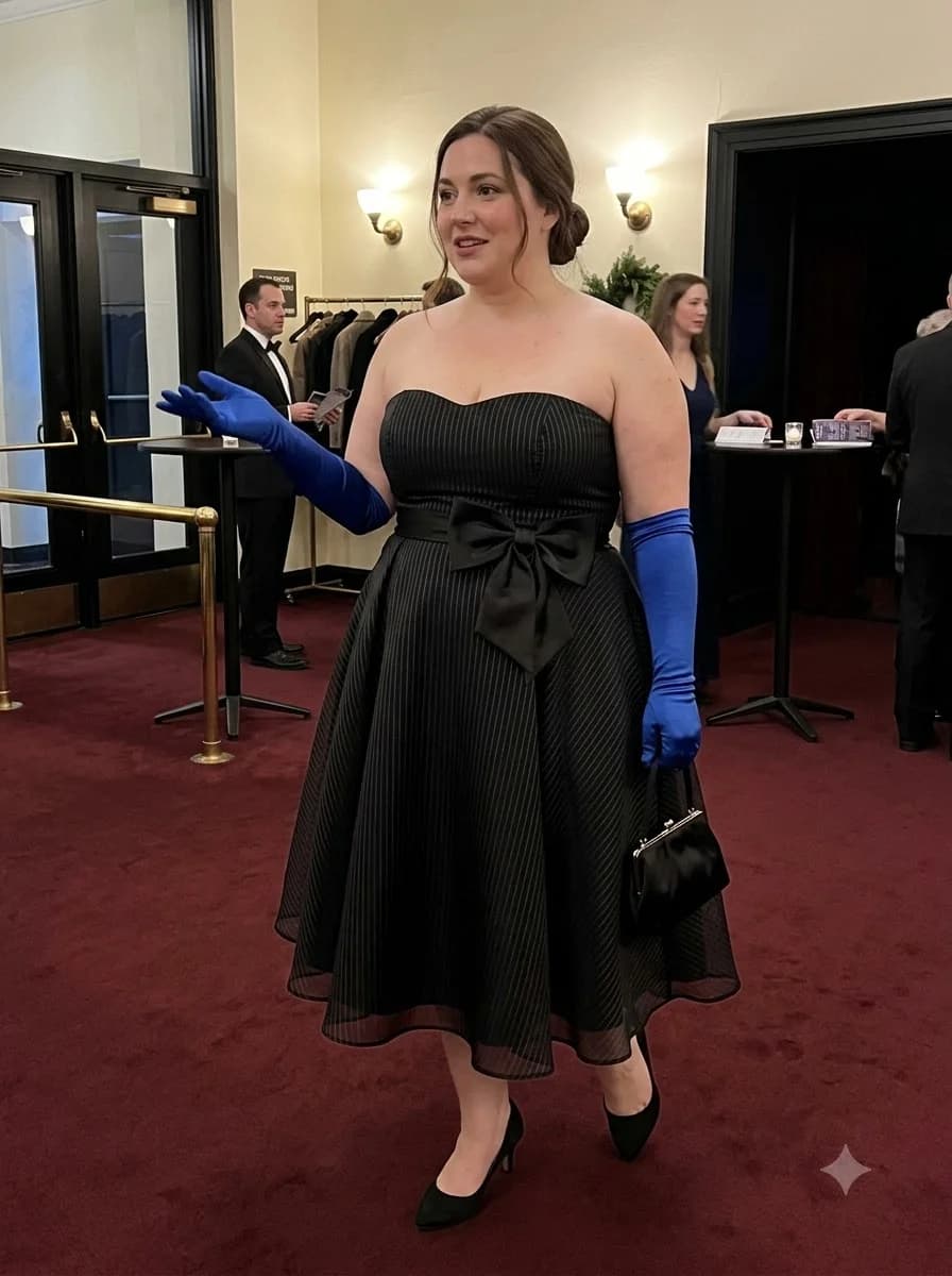 Black Strapless Midi Dress with Blue Opera Gloves