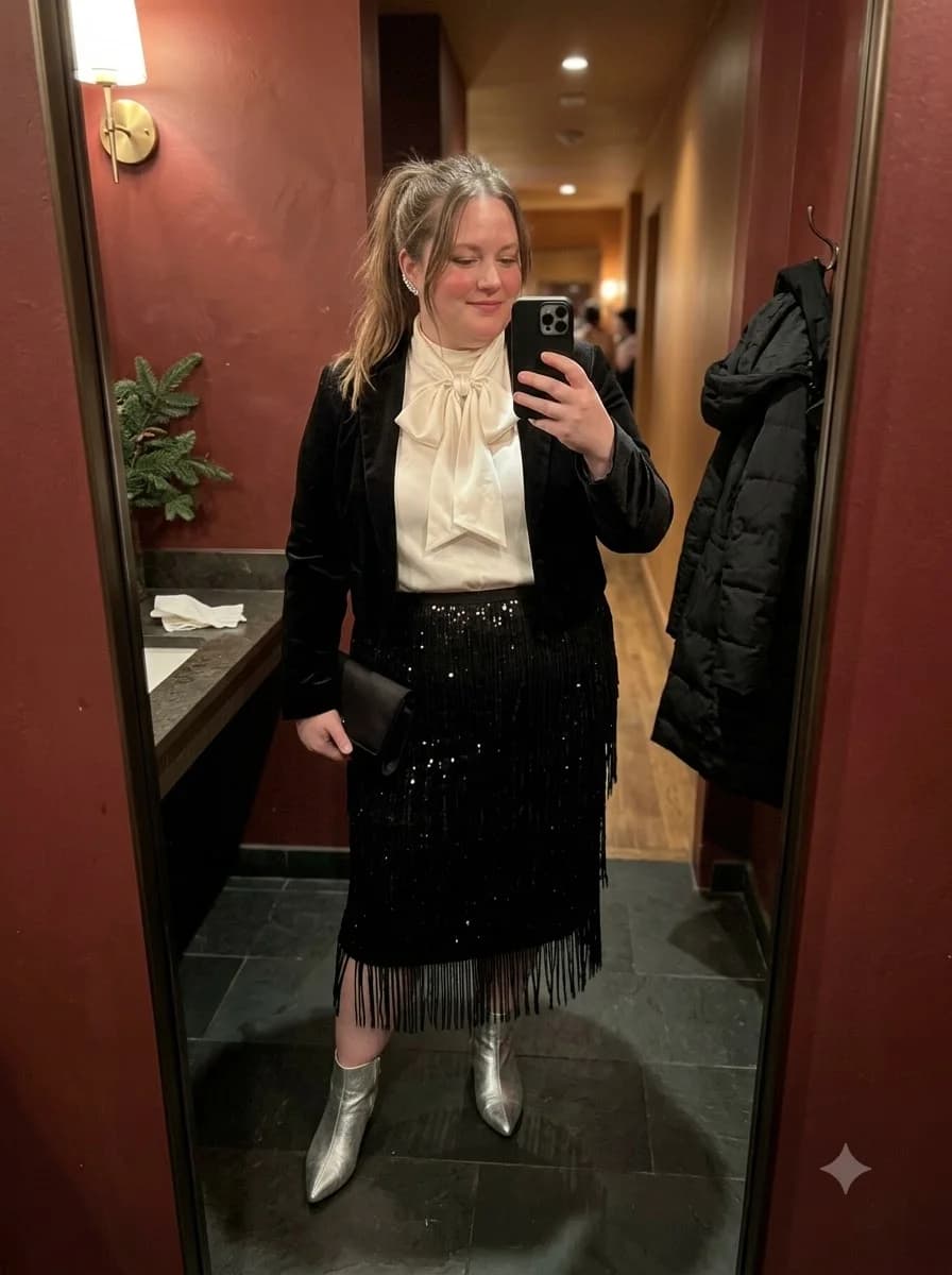 Cream Bow Blouse with Sequin Fringe Skirt and Velvet Blazer