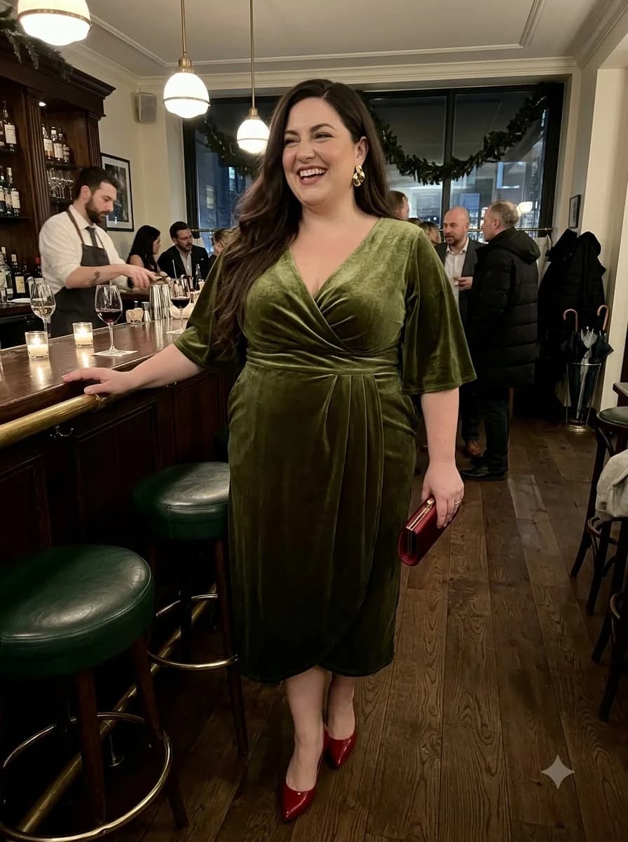 Olive Green Velvet Wrap Midi Dress