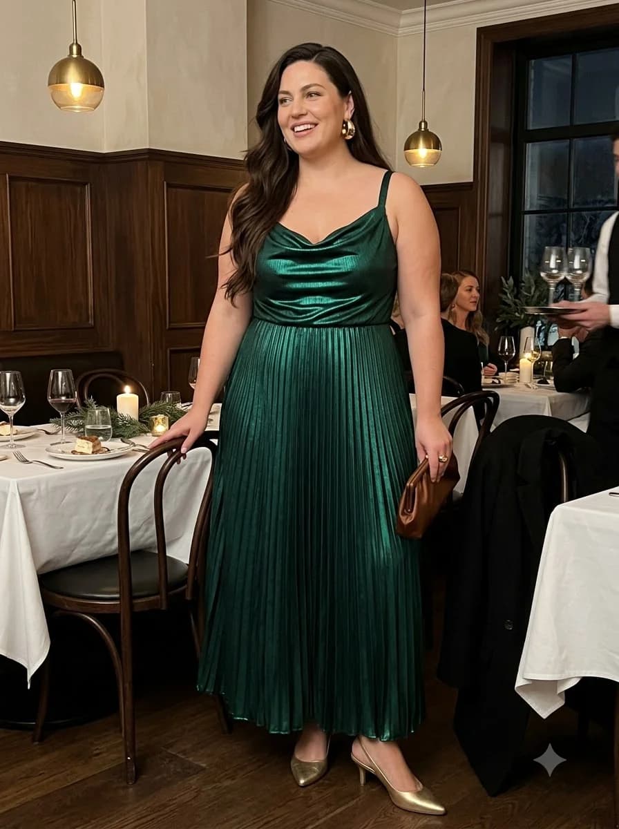 Emerald Satin Pleated Maxi Dress