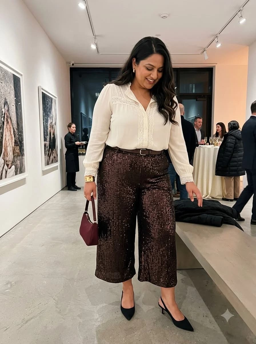 Ivory Blouse with Brown Sequin Cropped Trousers