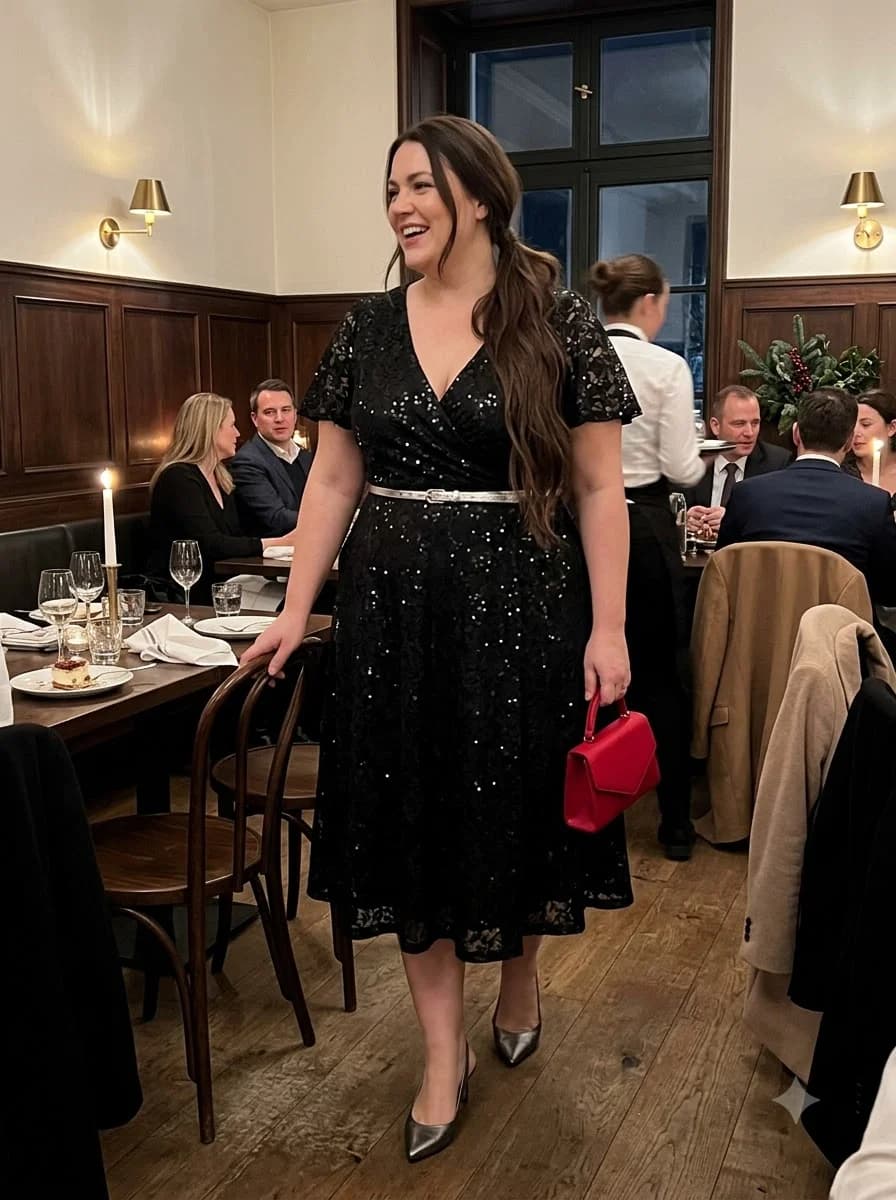 Black Sequin Midi Dress with Silver Belt