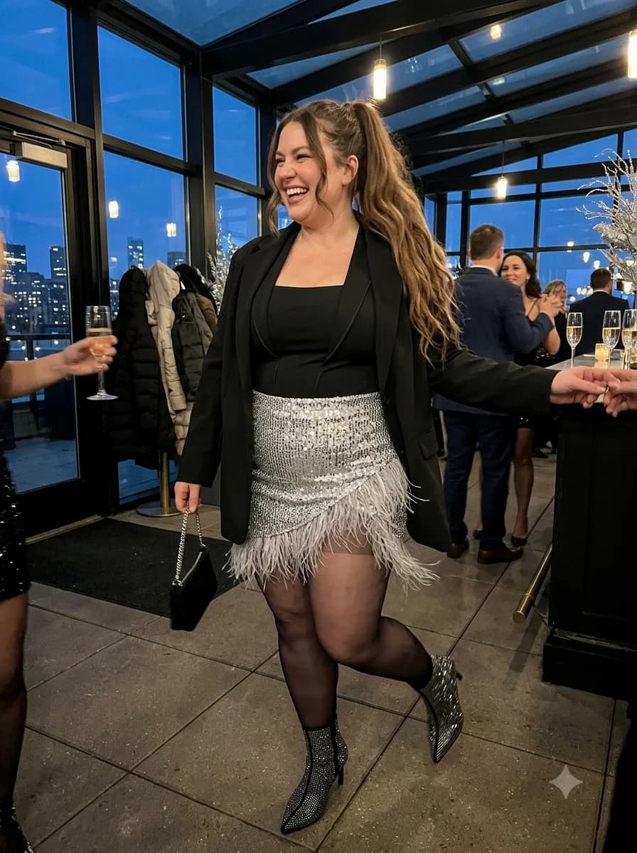 Black Blazer with Silver Sequin Feather Mini Skirt
