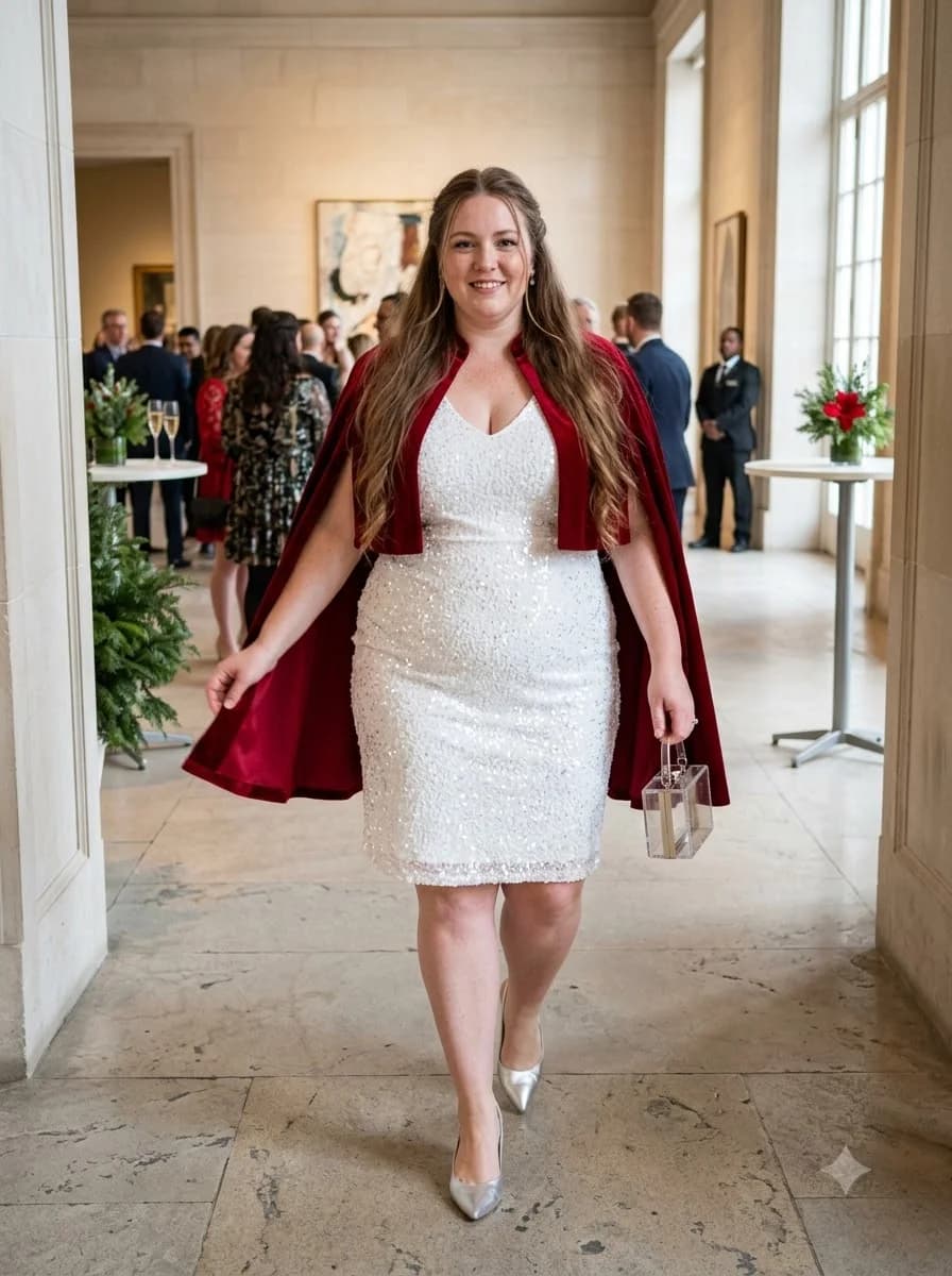 White Sequin Sheath Dress with Red Velvet Cape