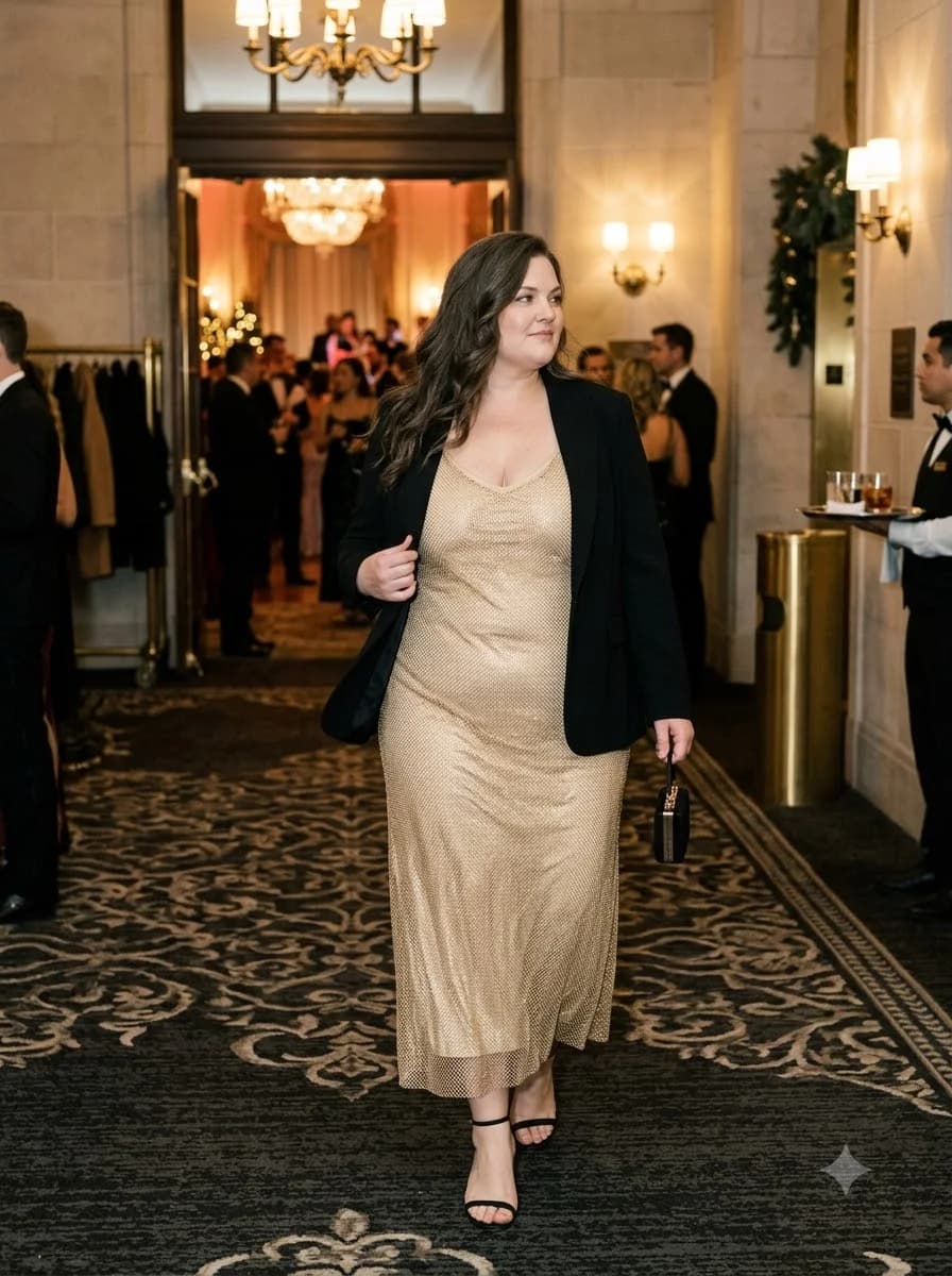 Champagne Slip Midi Dress with Black Blazer