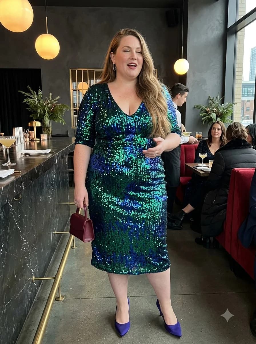Blue-Green Sequin Midi Dress with Purple Heels